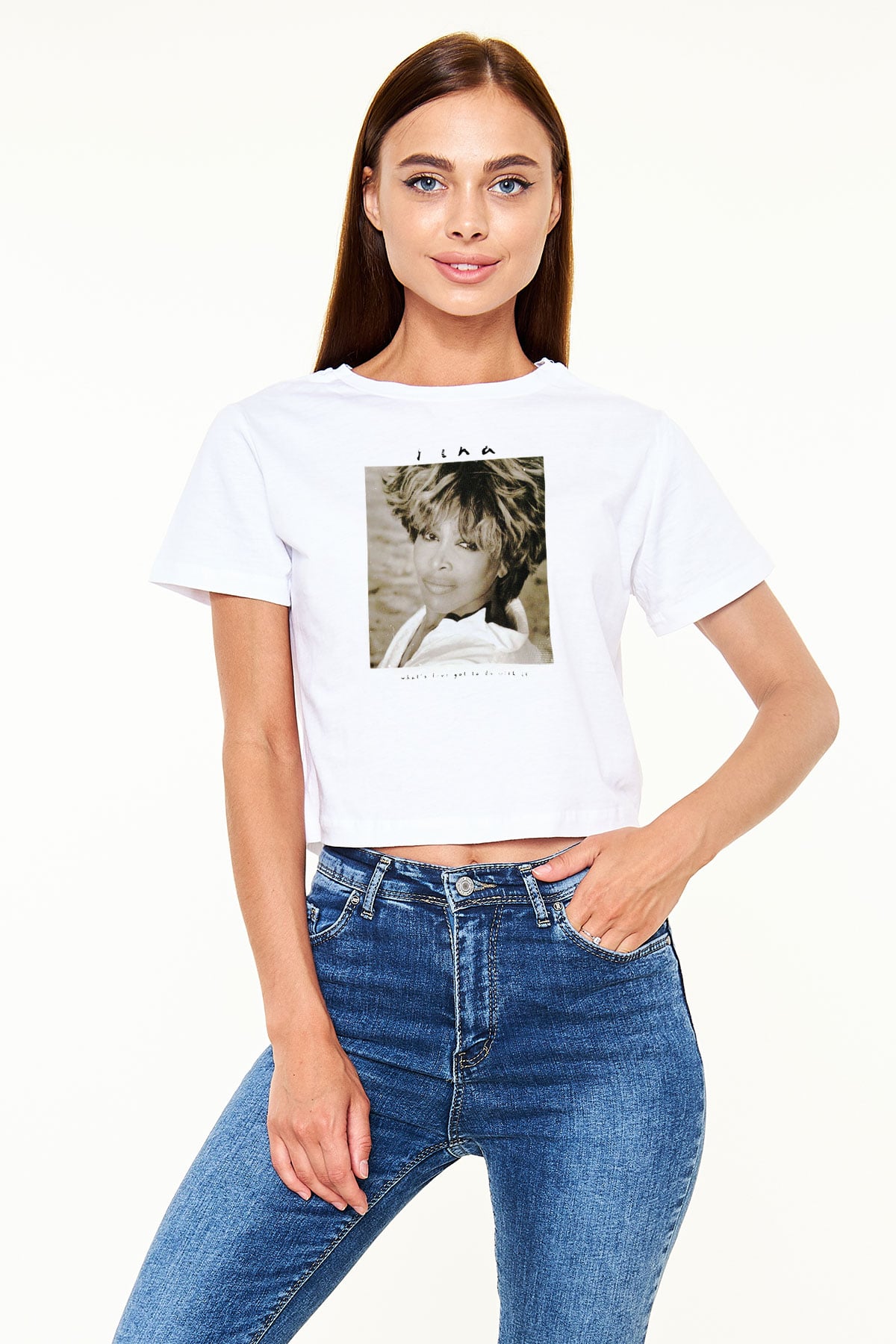 Tine Turner Baskılı Beyaz Kadın Crop Top Tişört