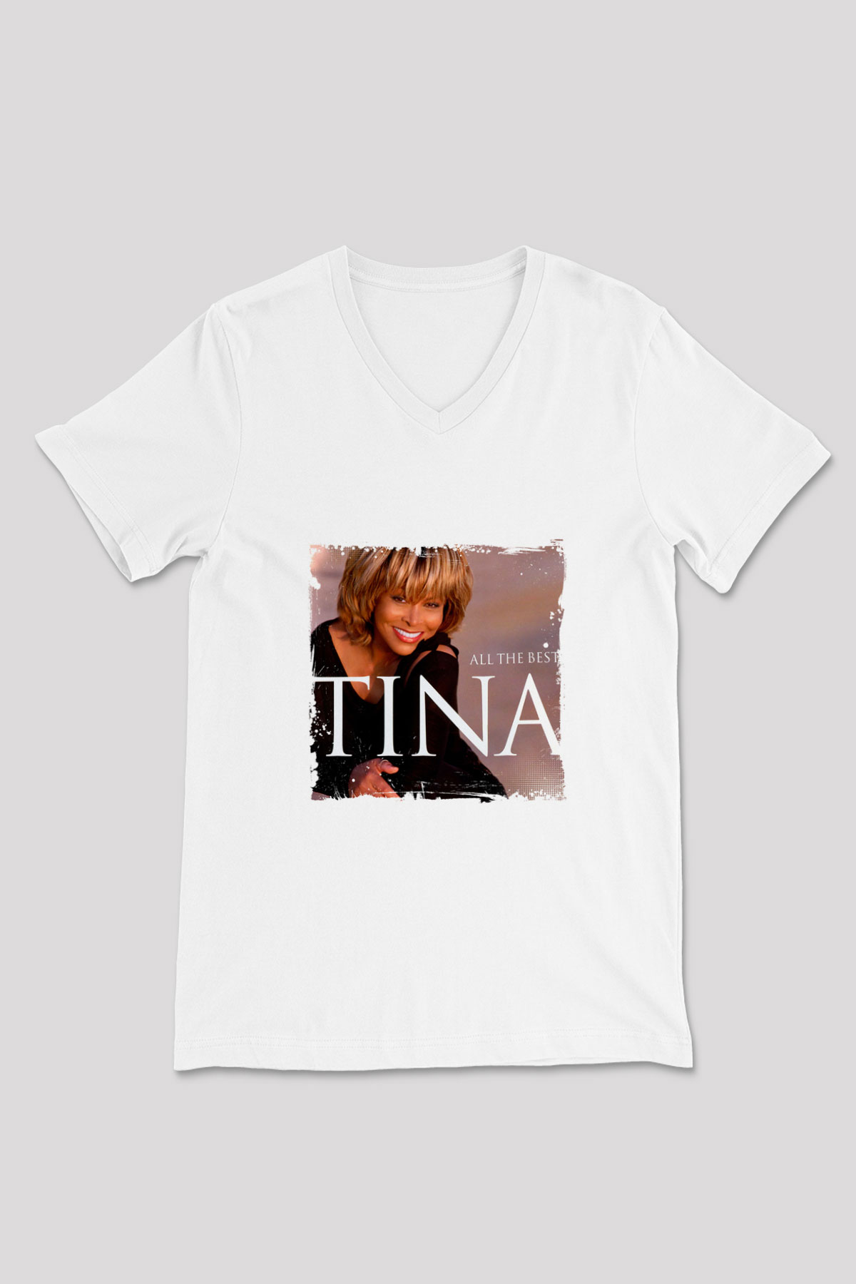 Tine Turner Baskılı Beyaz V Yaka Unisex Tişört