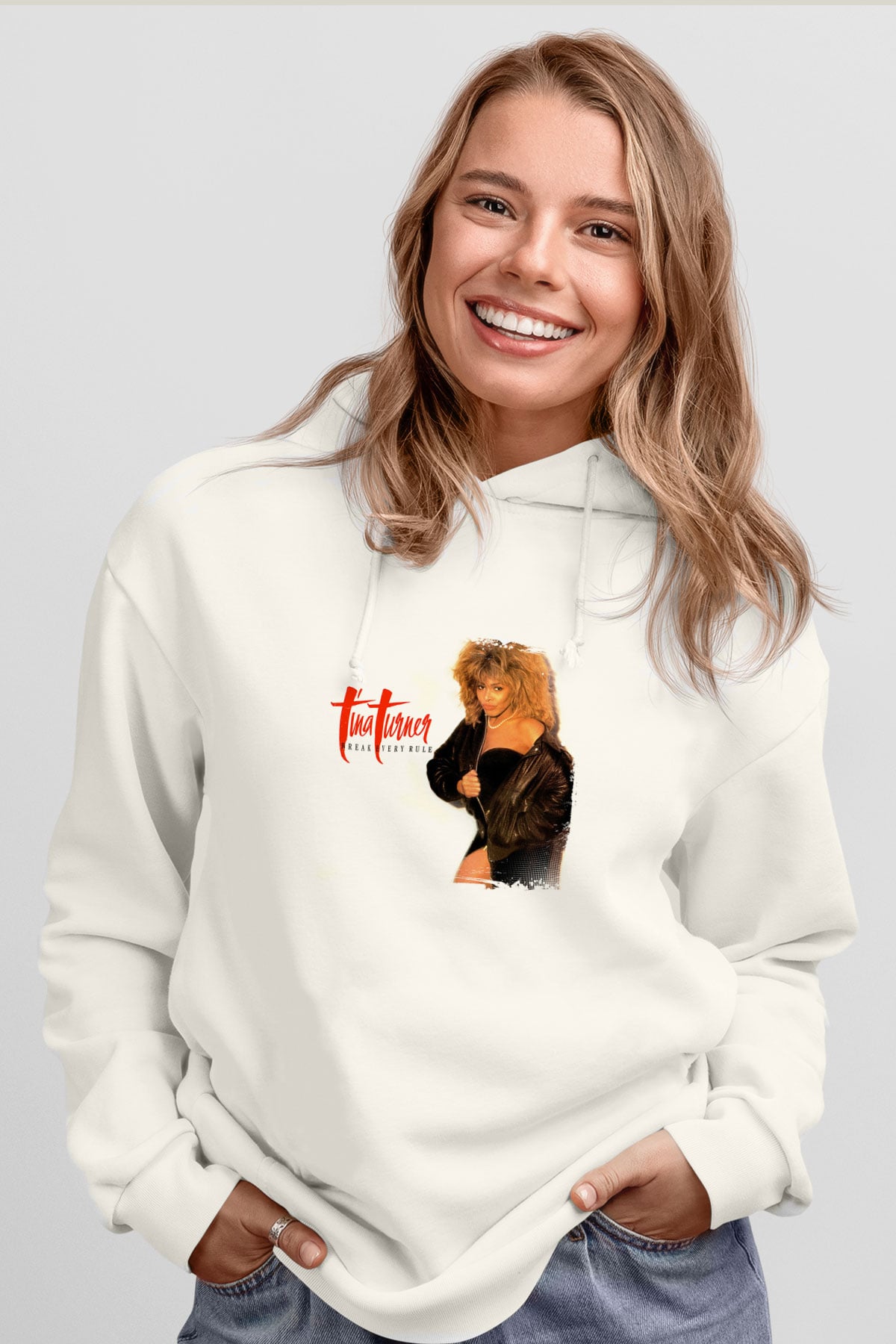 Tine Turner Baskılı Unisex Beyaz Kapüşonlu Sweatshirt