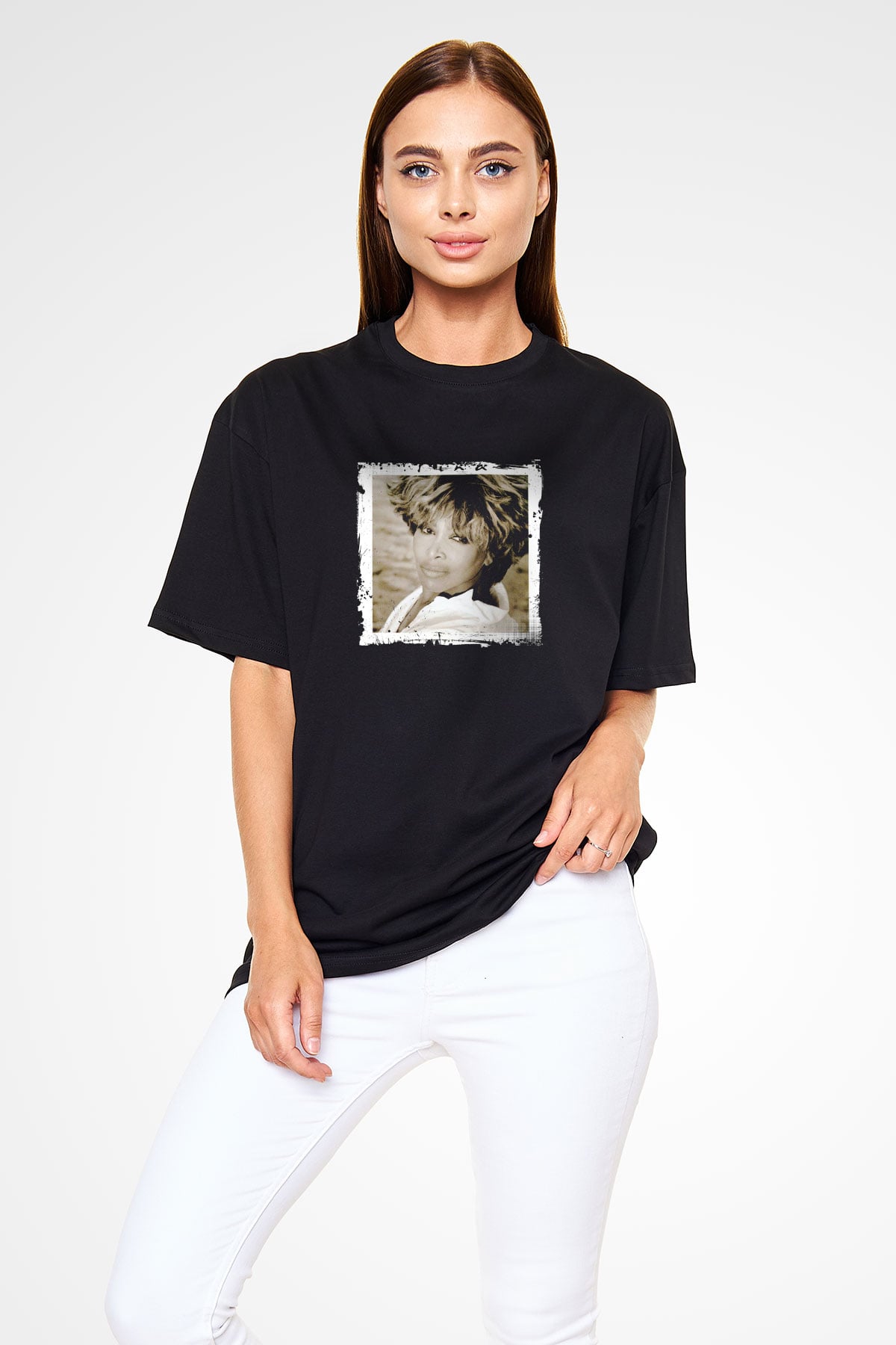 Tine Turner Baskılı Unisex Oversize Siyah Tişört