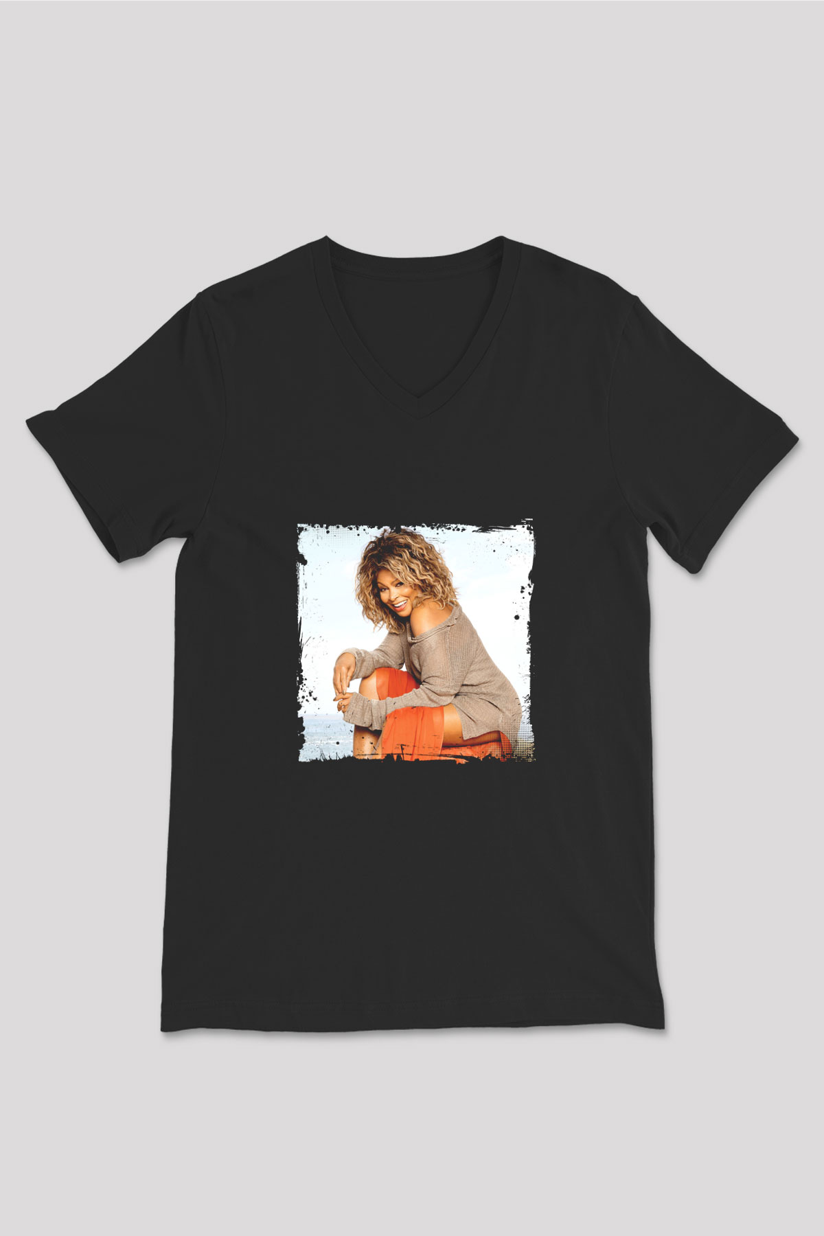 Tine Turner Baskılı Unisex Siyah V Yaka Tişört
