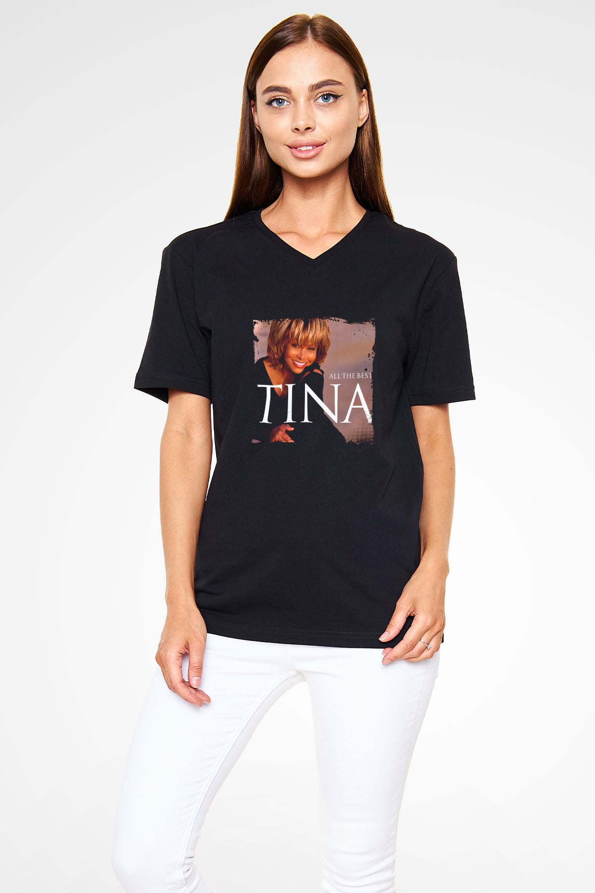 Tine Turner Baskılı Unisex Siyah V Yaka Tişört