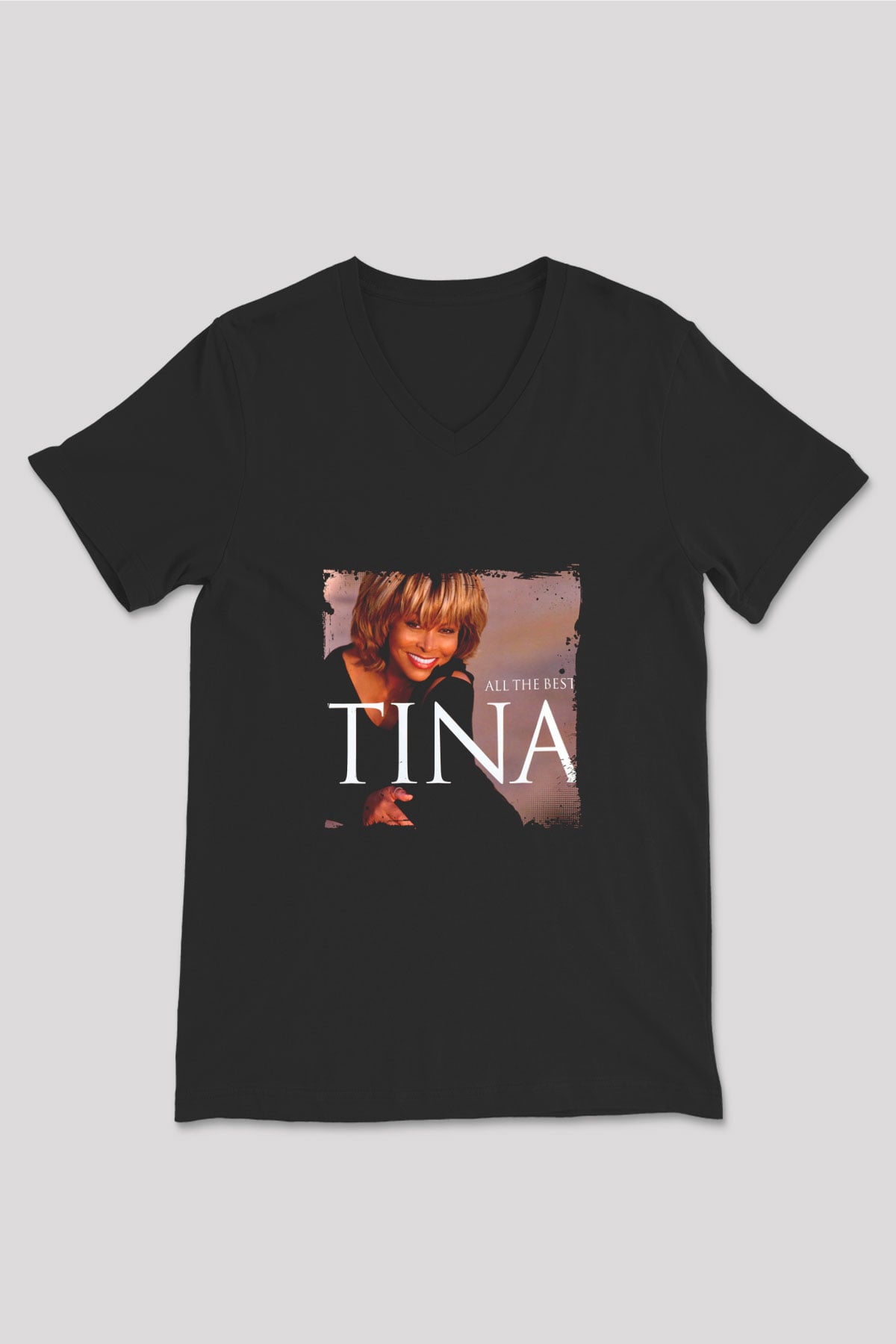 Tine Turner Baskılı Unisex Siyah V Yaka Tişört