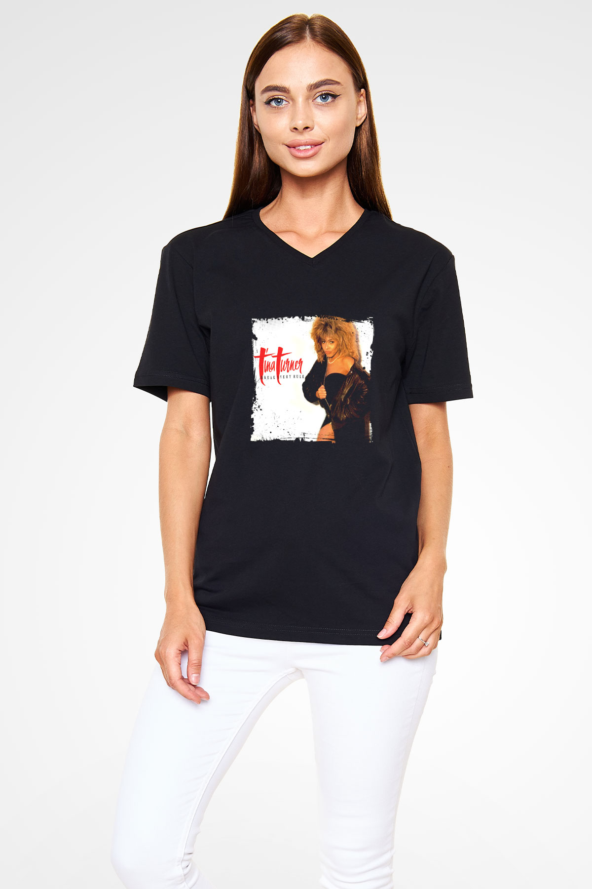 Tine Turner Baskılı Unisex Siyah V Yaka Tişört