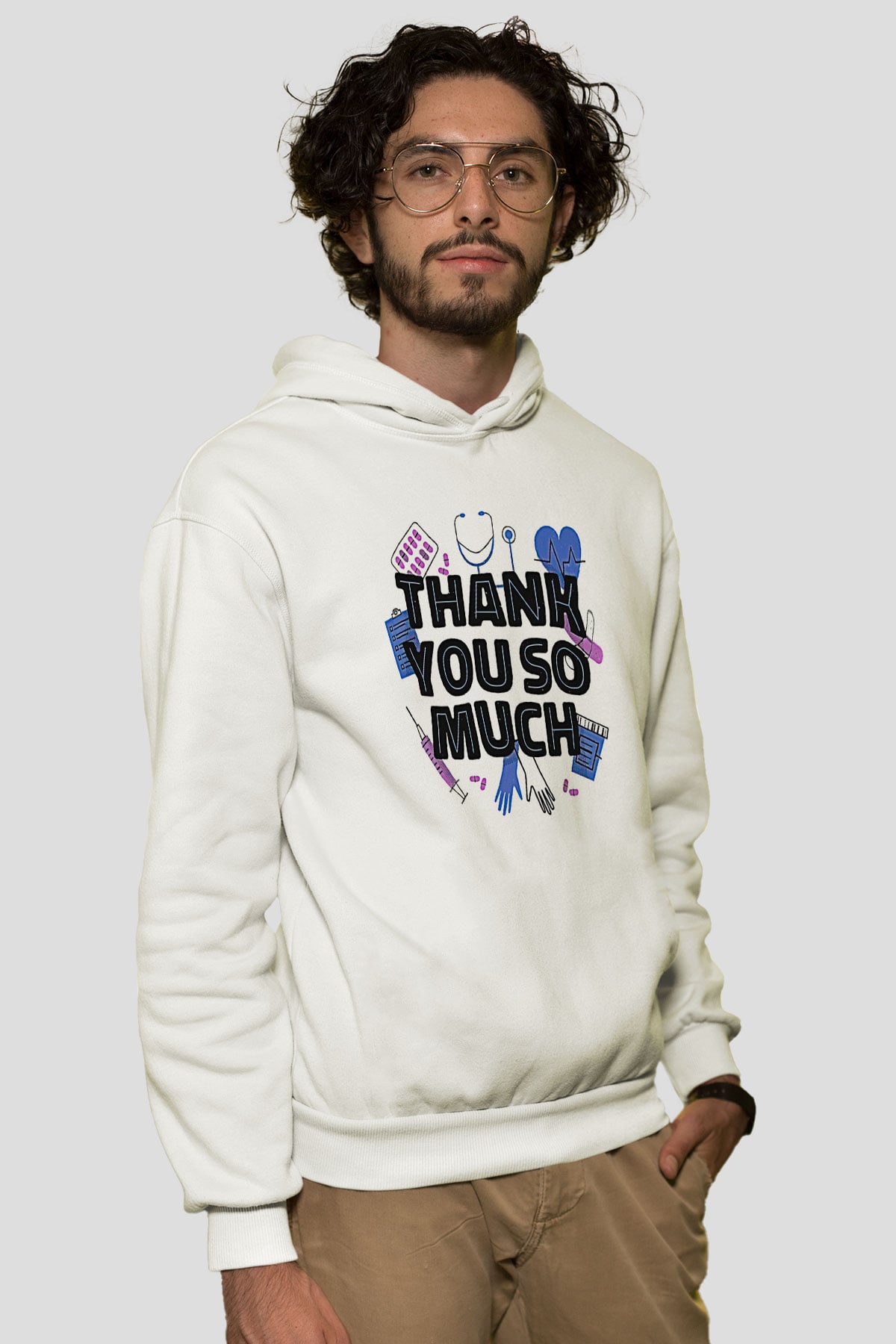 Tıp Bayramı Baskılı Beyaz Unisex Kapüşonlu Sweatshirt