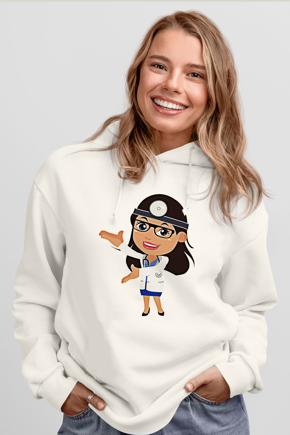 Tıp Bayramı Baskılı Beyaz Unisex Kapüşonlu Sweatshirt