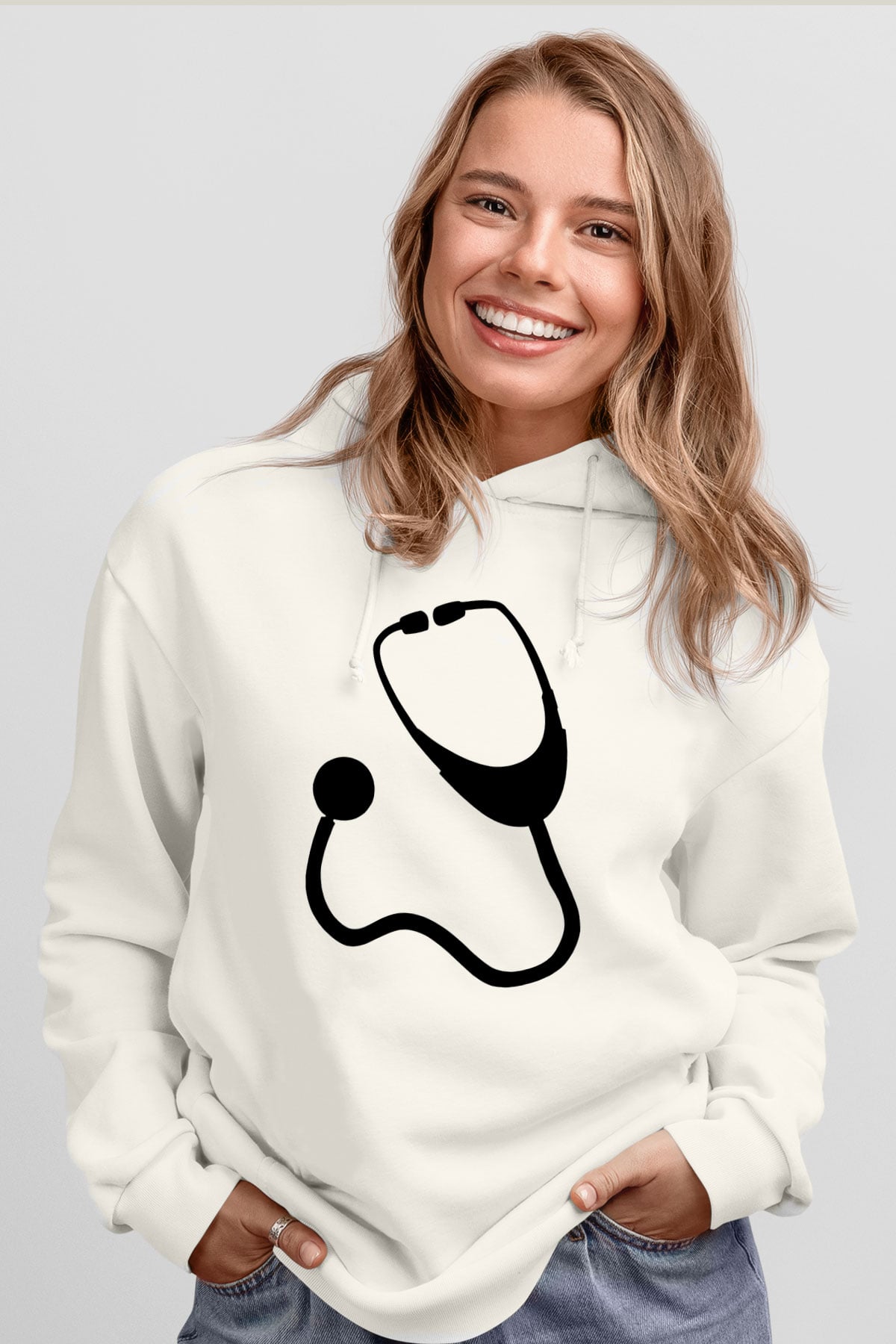 Tıp Bayramı Baskılı Beyaz Unisex Kapüşonlu Sweatshirt