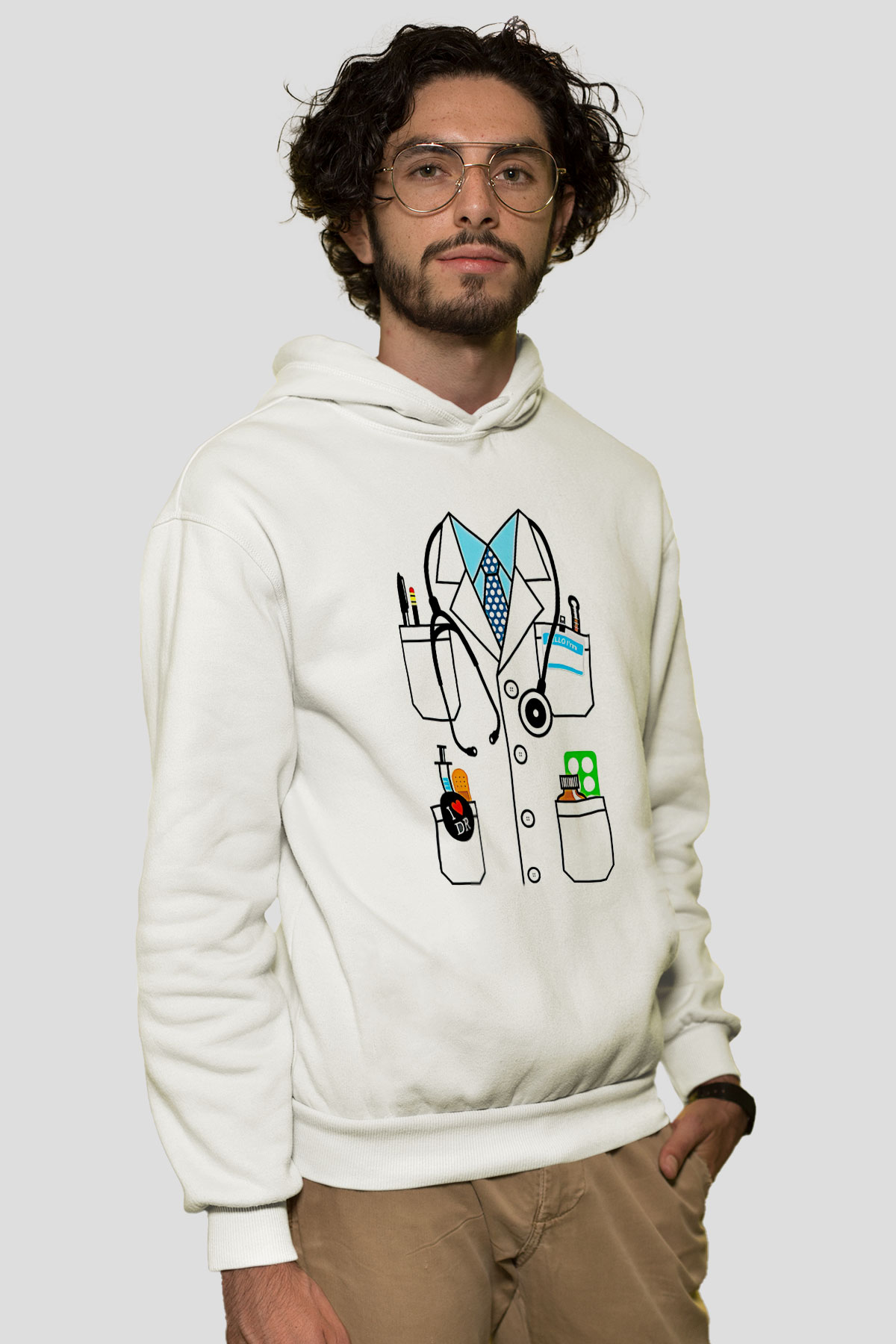Tıp Bayramı Baskılı Beyaz Unisex Kapüşonlu Sweatshirt