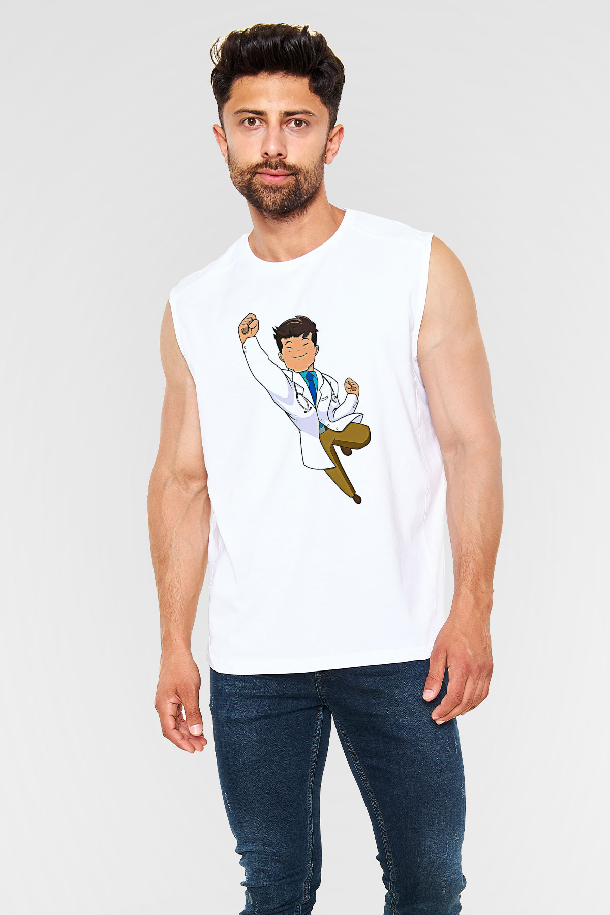 Tıp Bayramı Baskılı Beyaz Unisex Kolsuz Tişört - Tshirt