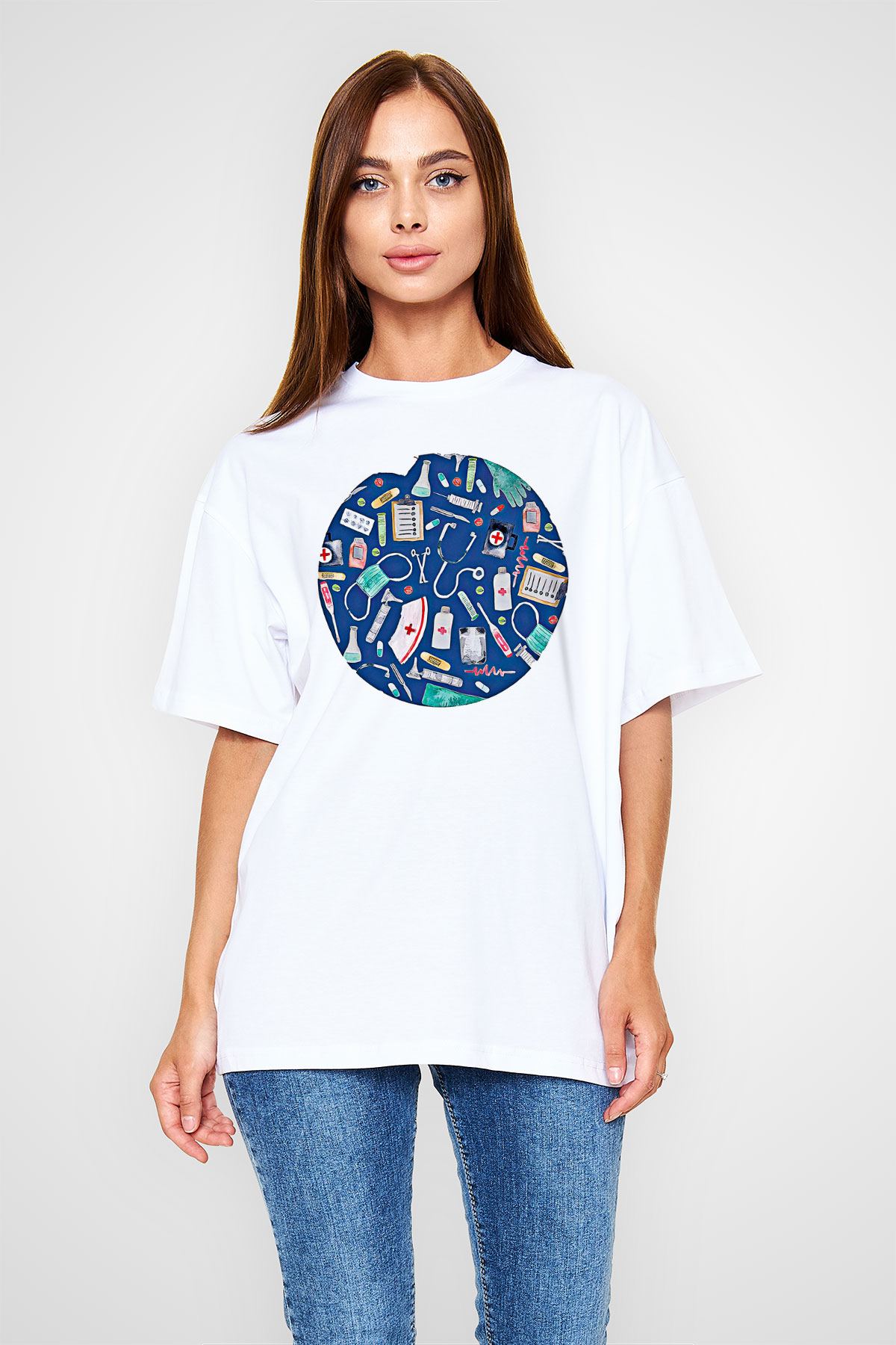 Tıp Bayramı Baskılı Beyaz Unisex Oversize Tişört - Tshirt