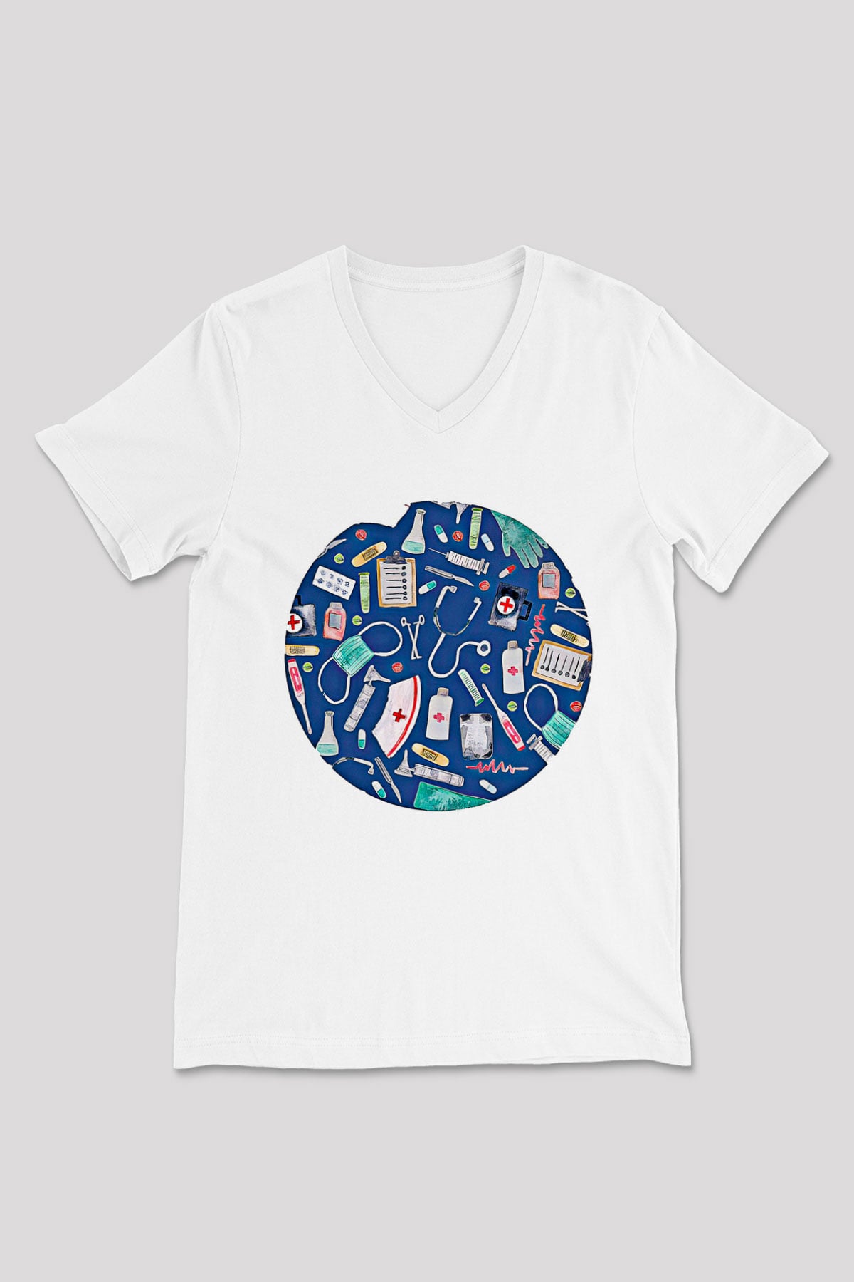 Tıp Bayramı Baskılı Beyaz Unisex V Yaka Tişört - Tshirt