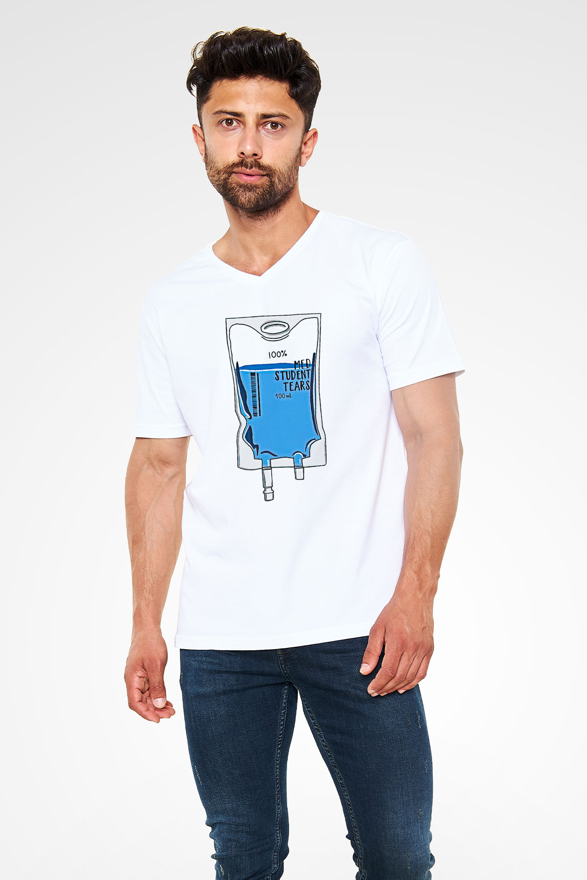Tıp Bayramı Baskılı Beyaz Unisex V Yaka Tişört - Tshirt