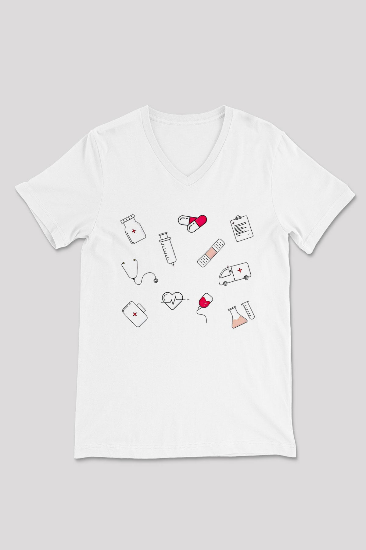 Tıp Bayramı Baskılı Beyaz Unisex V Yaka Tişört - Tshirt