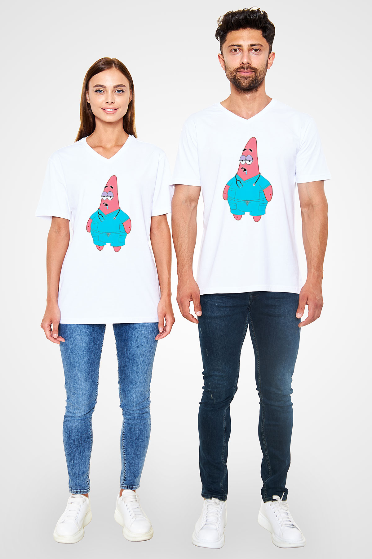 Tıp Bayramı Baskılı Beyaz Unisex V Yaka Tişört - Tshirt