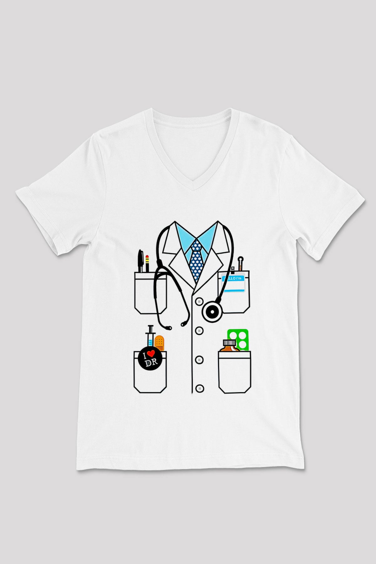 Tıp Bayramı Baskılı Beyaz Unisex V Yaka Tişört - Tshirt