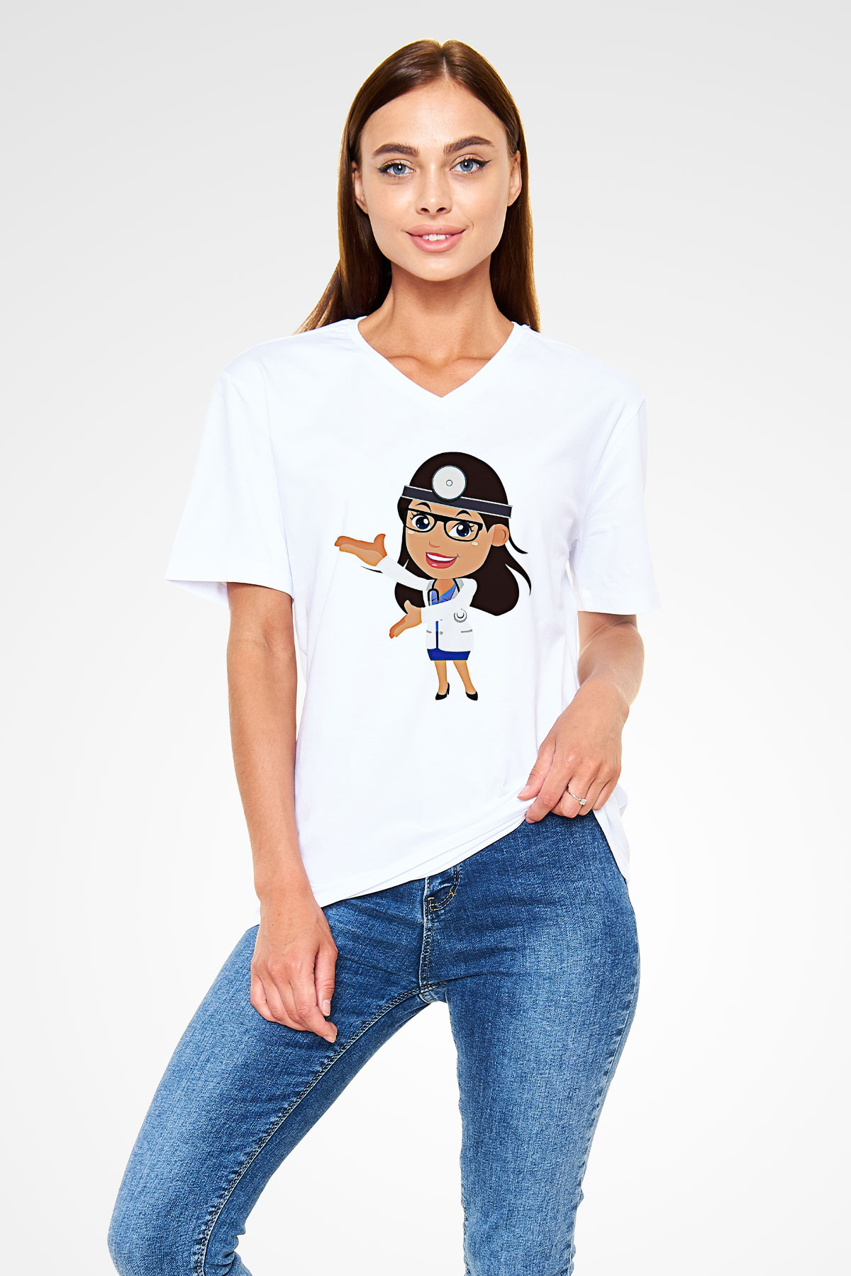 Tıp Bayramı Baskılı Beyaz Unisex V Yaka Tişört - Tshirt