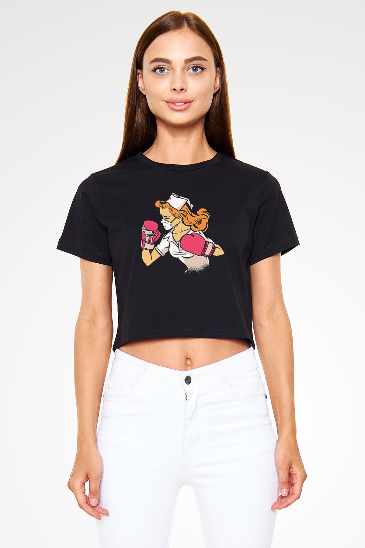 Tıp Bayramı Baskılı Siyah Crop Top Kadın Tişört - Tshirt