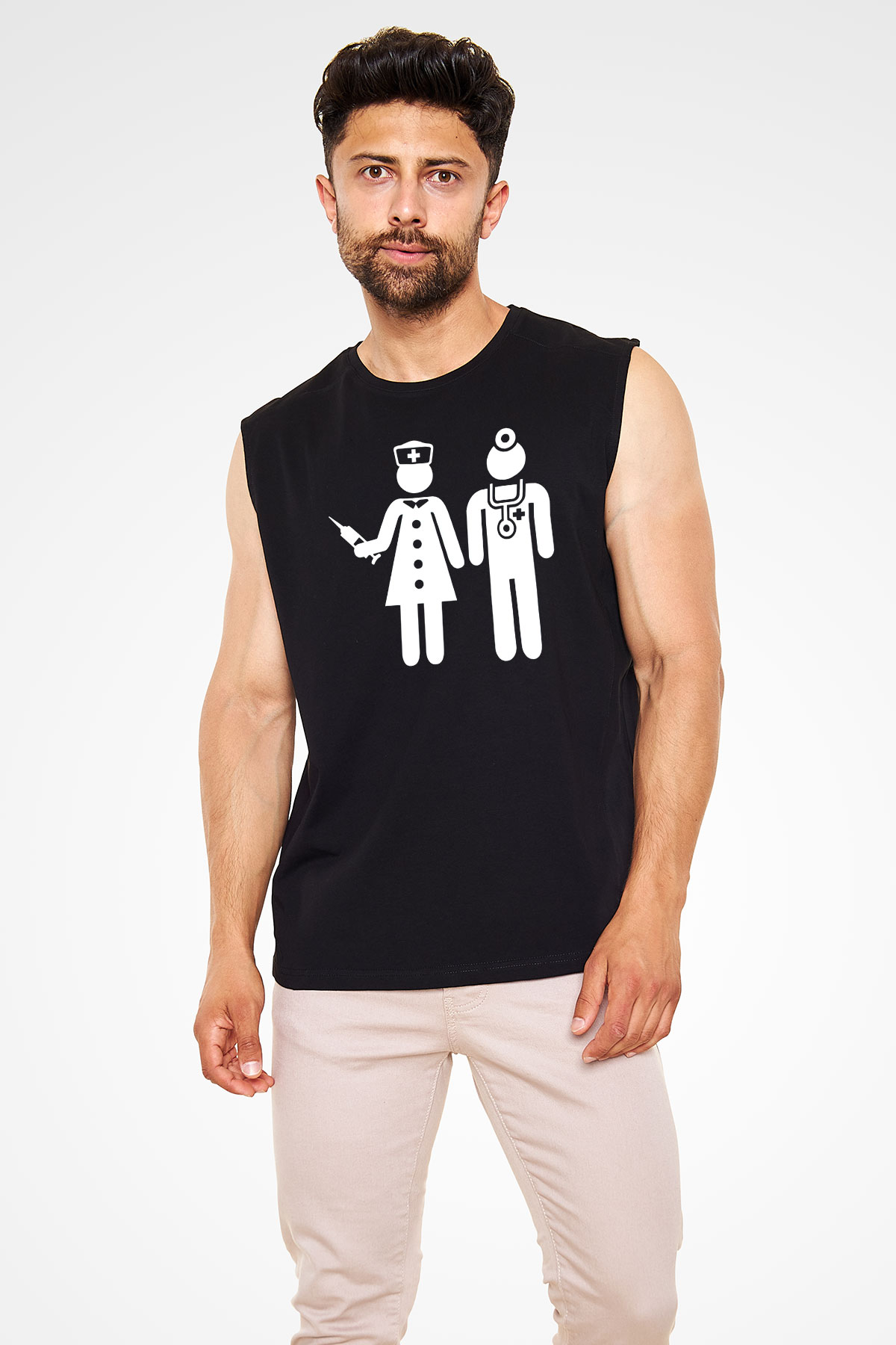 Tıp Bayramı Baskılı Unisex Siyah Kolsuz Tişört - Tshirt