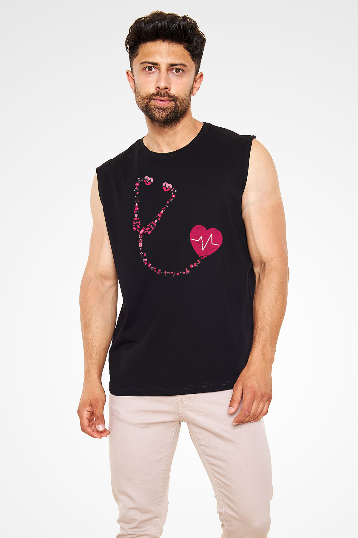 Tıp Bayramı Baskılı Unisex Siyah Kolsuz Tişört - Tshirt
