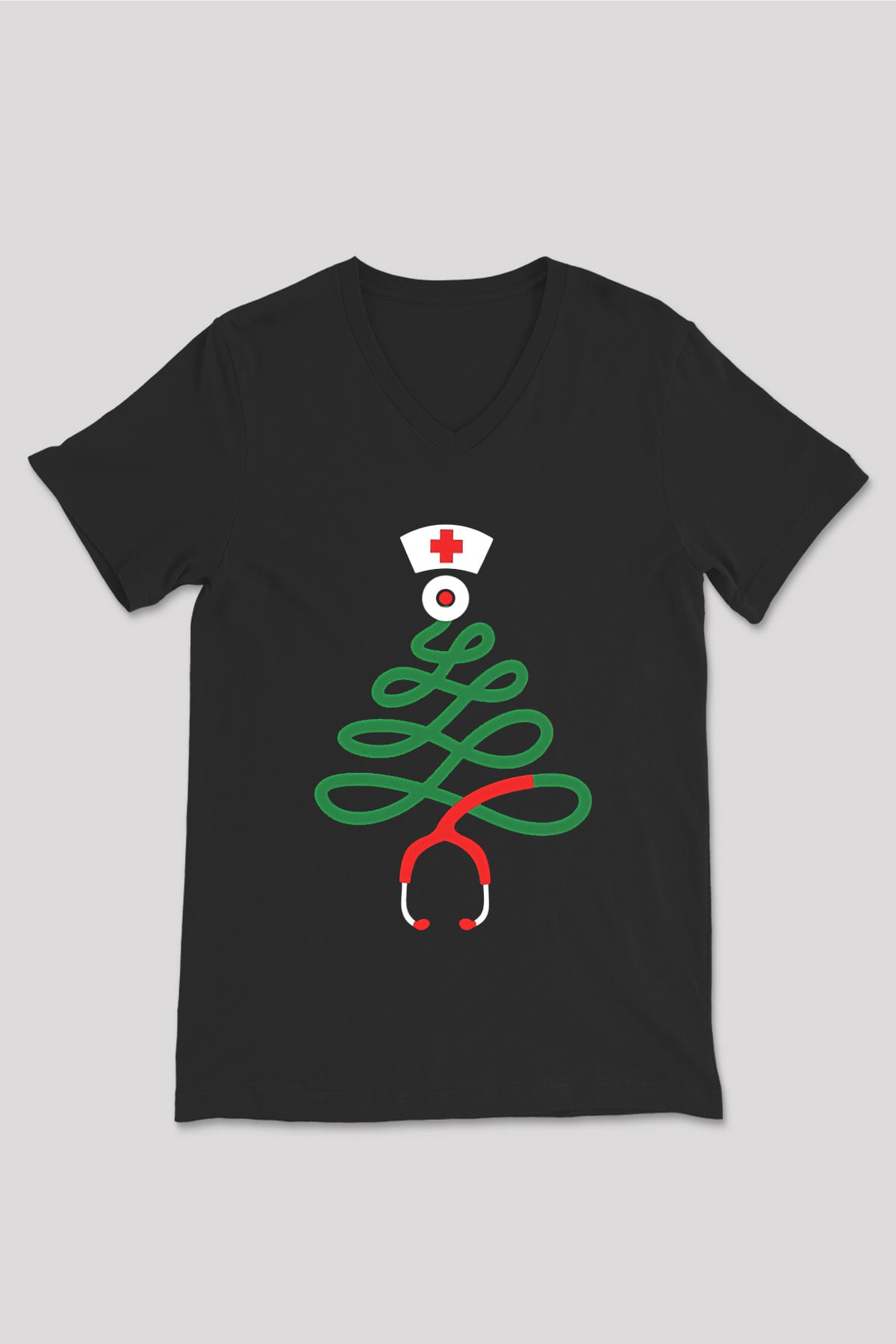 Tıp Bayramı Baskılı Unisex Siyah V Yaka Tişört - Tshirt