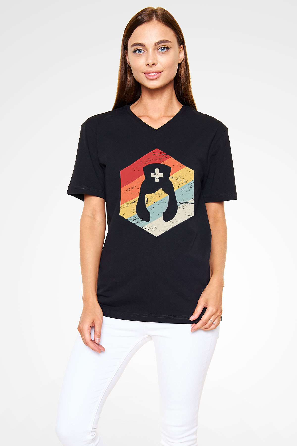 Tıp Bayramı Baskılı Unisex Siyah V Yaka Tişört - Tshirt