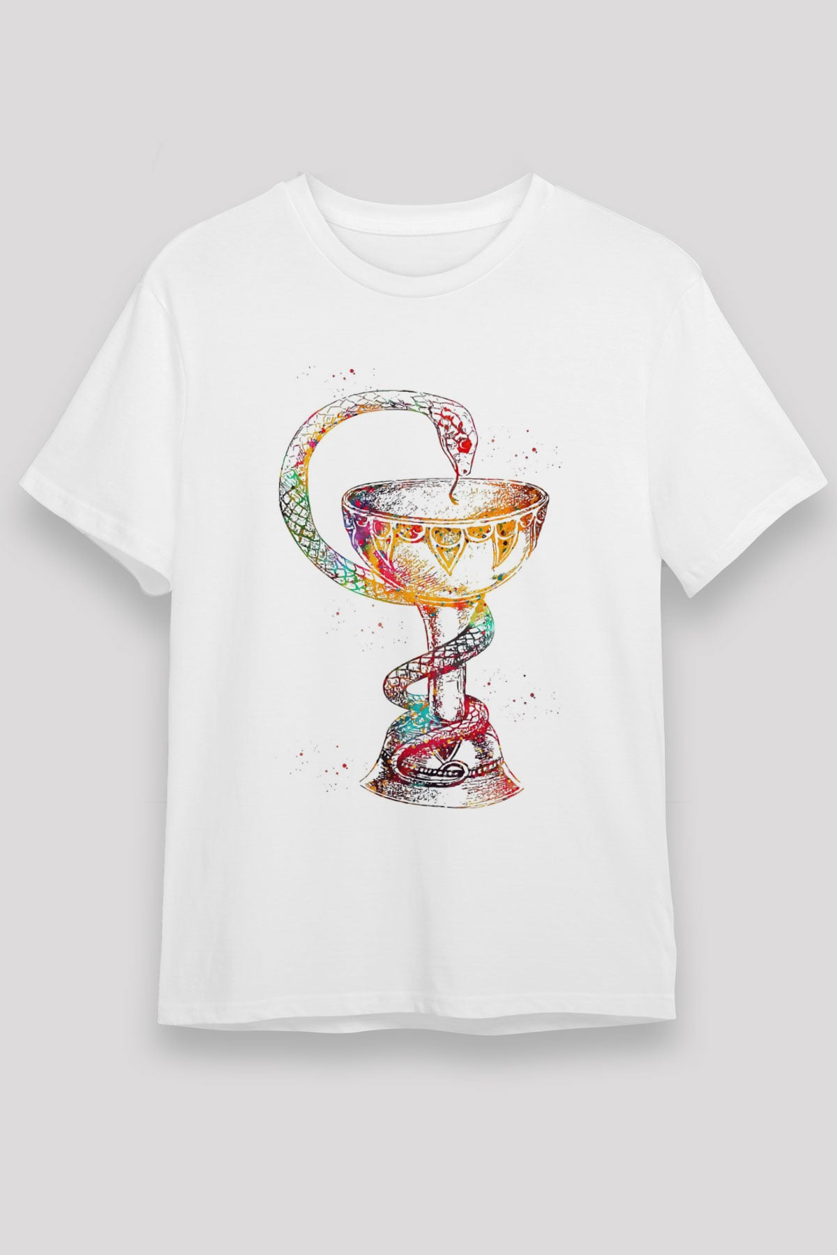 Tıp Sembolü Yılan Baskılı Unisex Beyaz Tişört - Tshirt