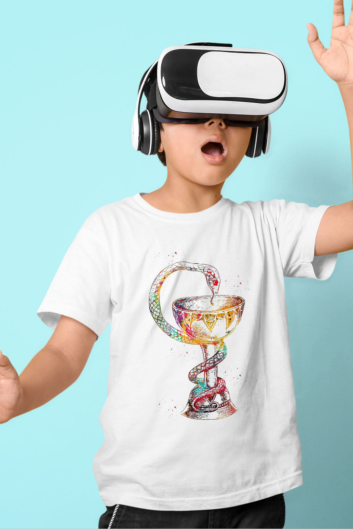Tıp Sembolü Yılan Baskılı Unisex Beyaz Çocuk Tişörtü - Tshirt