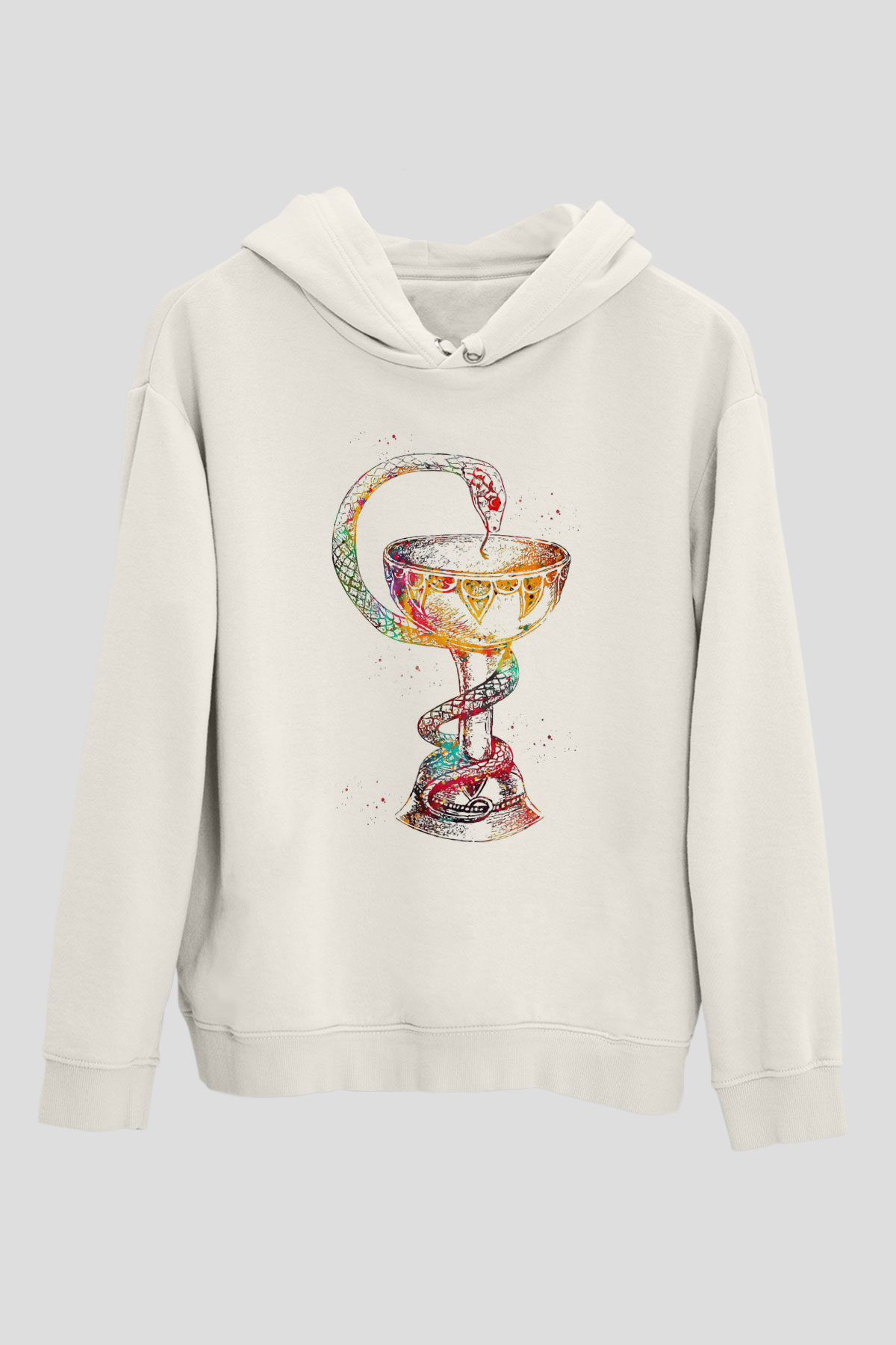 Tıp Sembolü Yılan Baskılı Unisex Ekru Hoodie