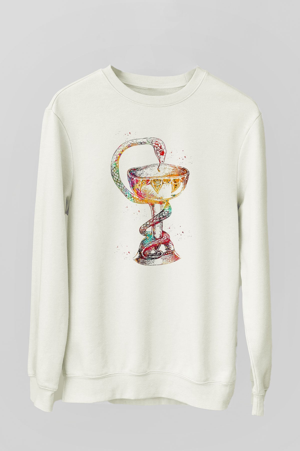 Tıp Sembolü Yılan Baskılı Unisex Ekru Sweatshirt