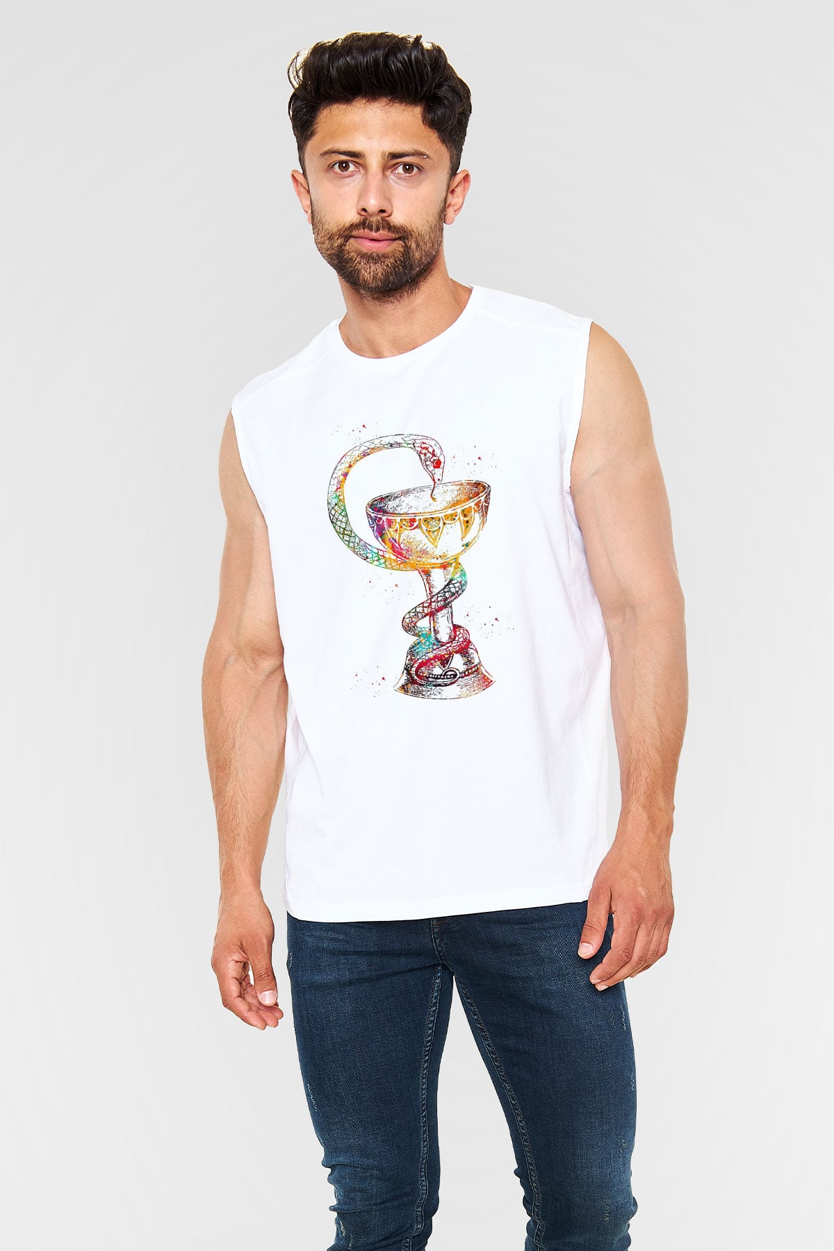 Tıp Sembolü Yılan Baskılı Unisex Kolsuz Beyaz Tişört - Tshirt