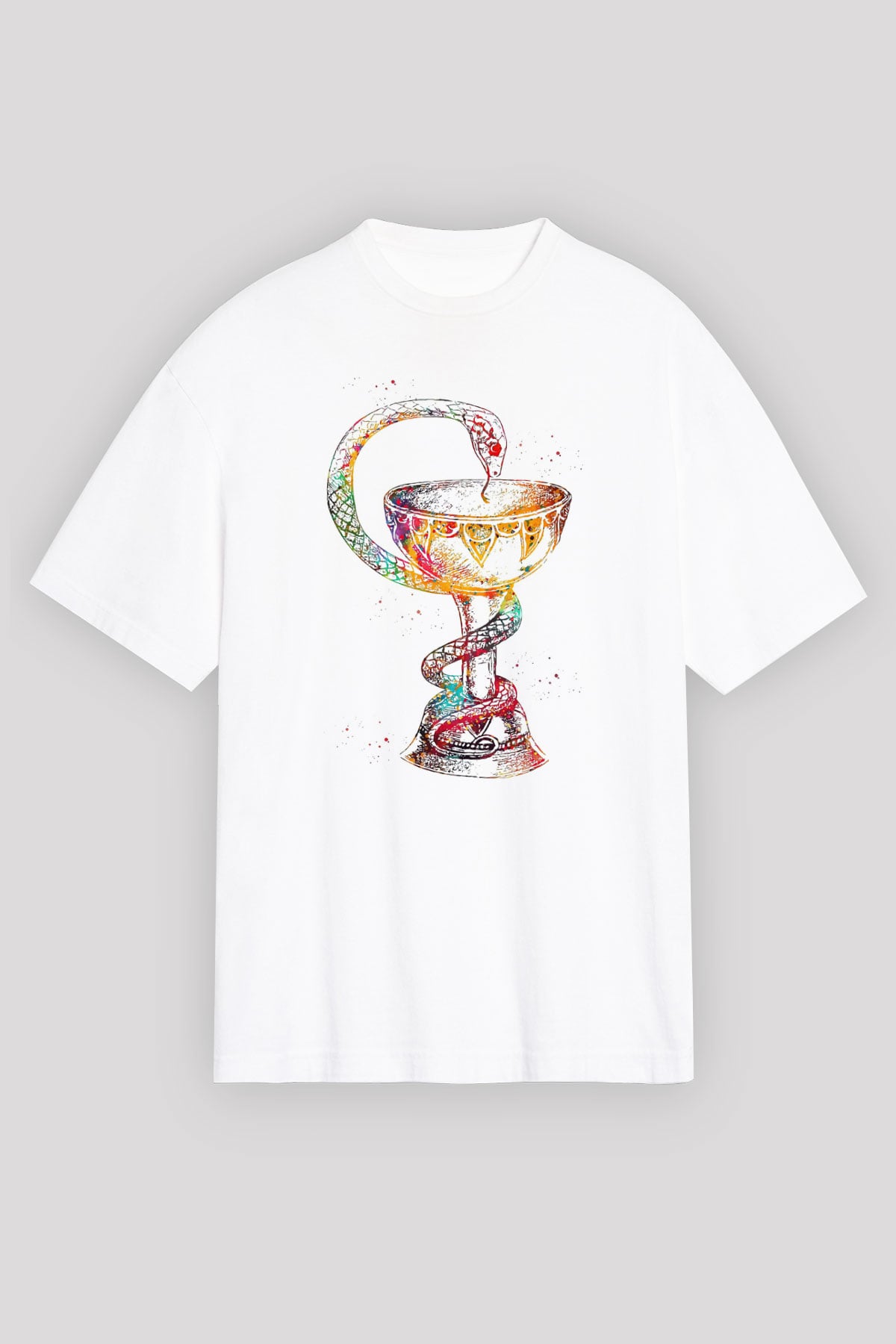 Tıp Sembolü Yılan Baskılı Unisex Oversize Beyaz Tişört - Tshirt