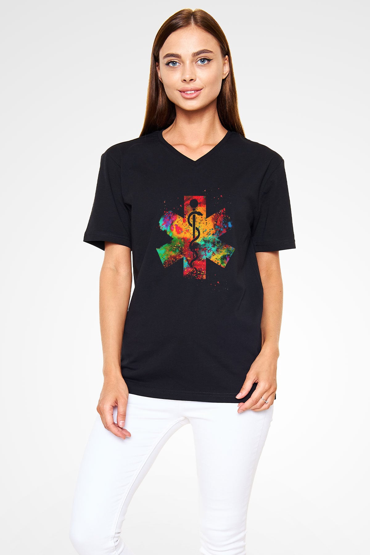 Tıp Tanrısı Asclepius Baskılı Unisex V Yaka Siyah Tİşört - Tshirt