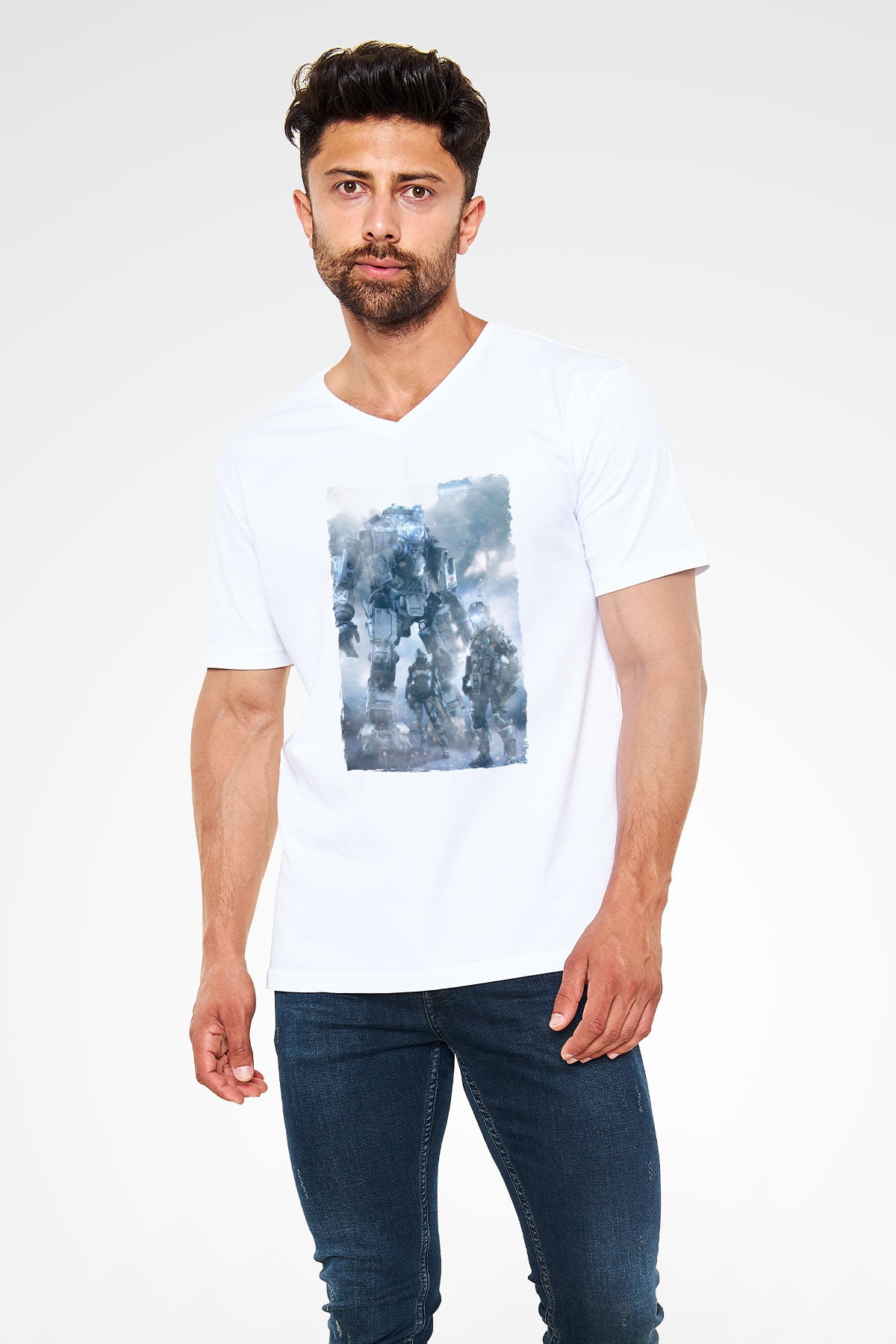 Titanfall Beyaz Unisex V Yaka Tişört