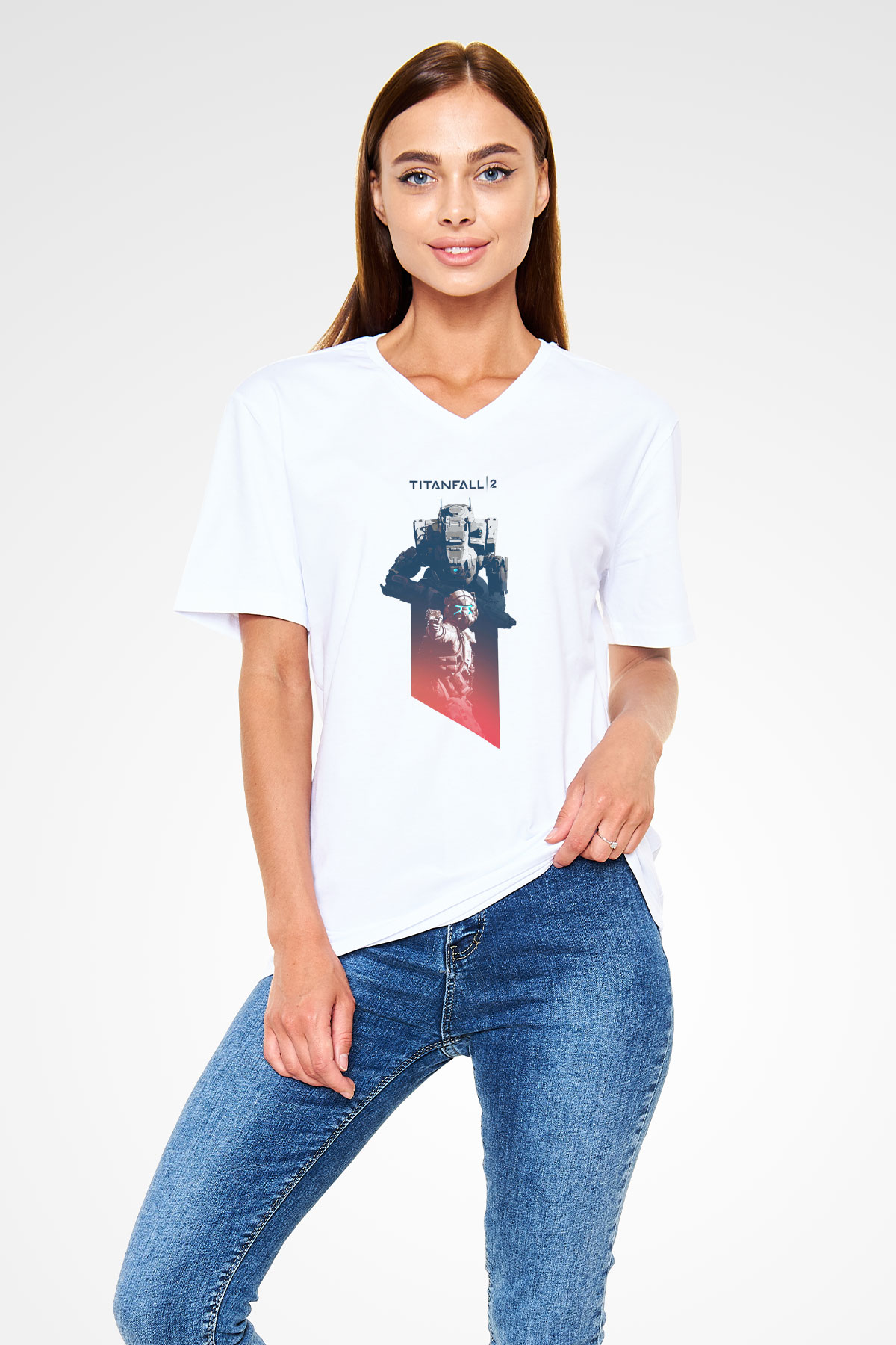 Titanfall Beyaz Unisex V Yaka Tişört