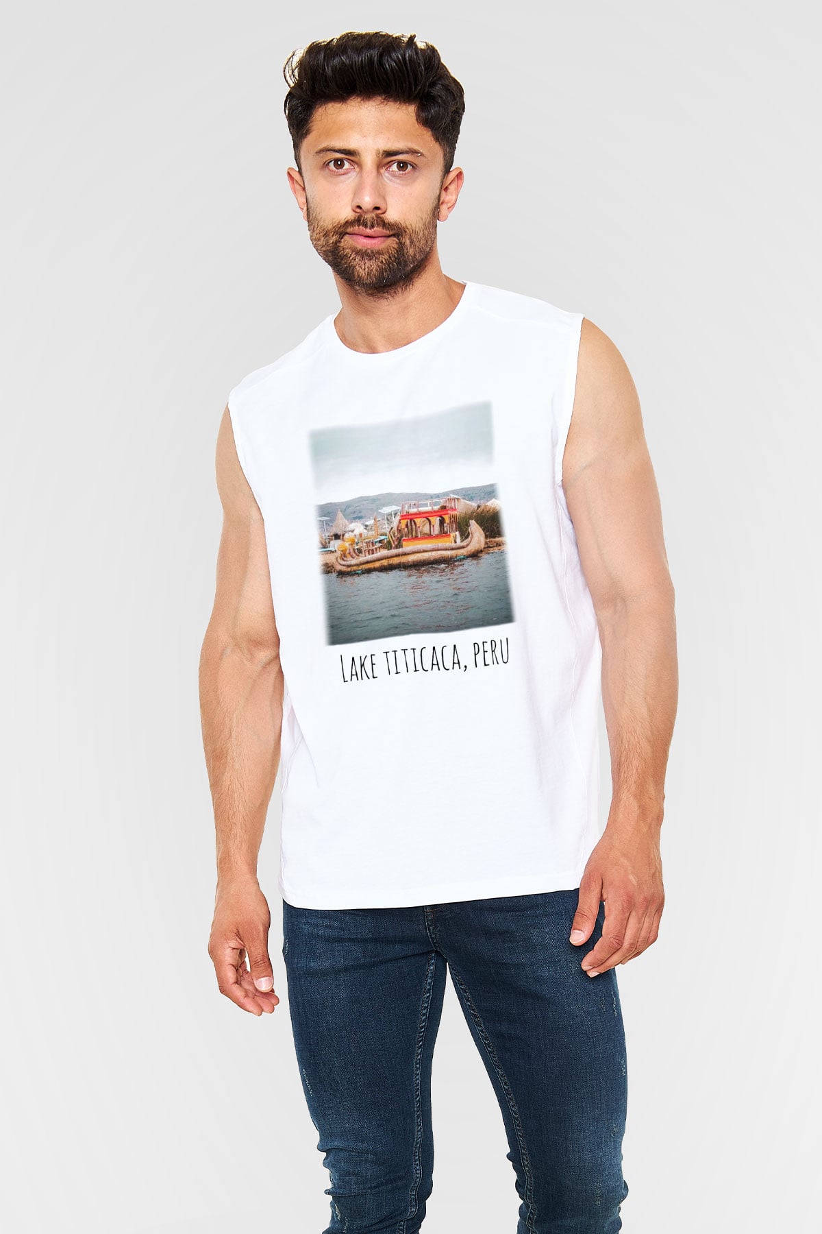Titikaka Gölü Beyaz Unisex Kolsuz Tişört