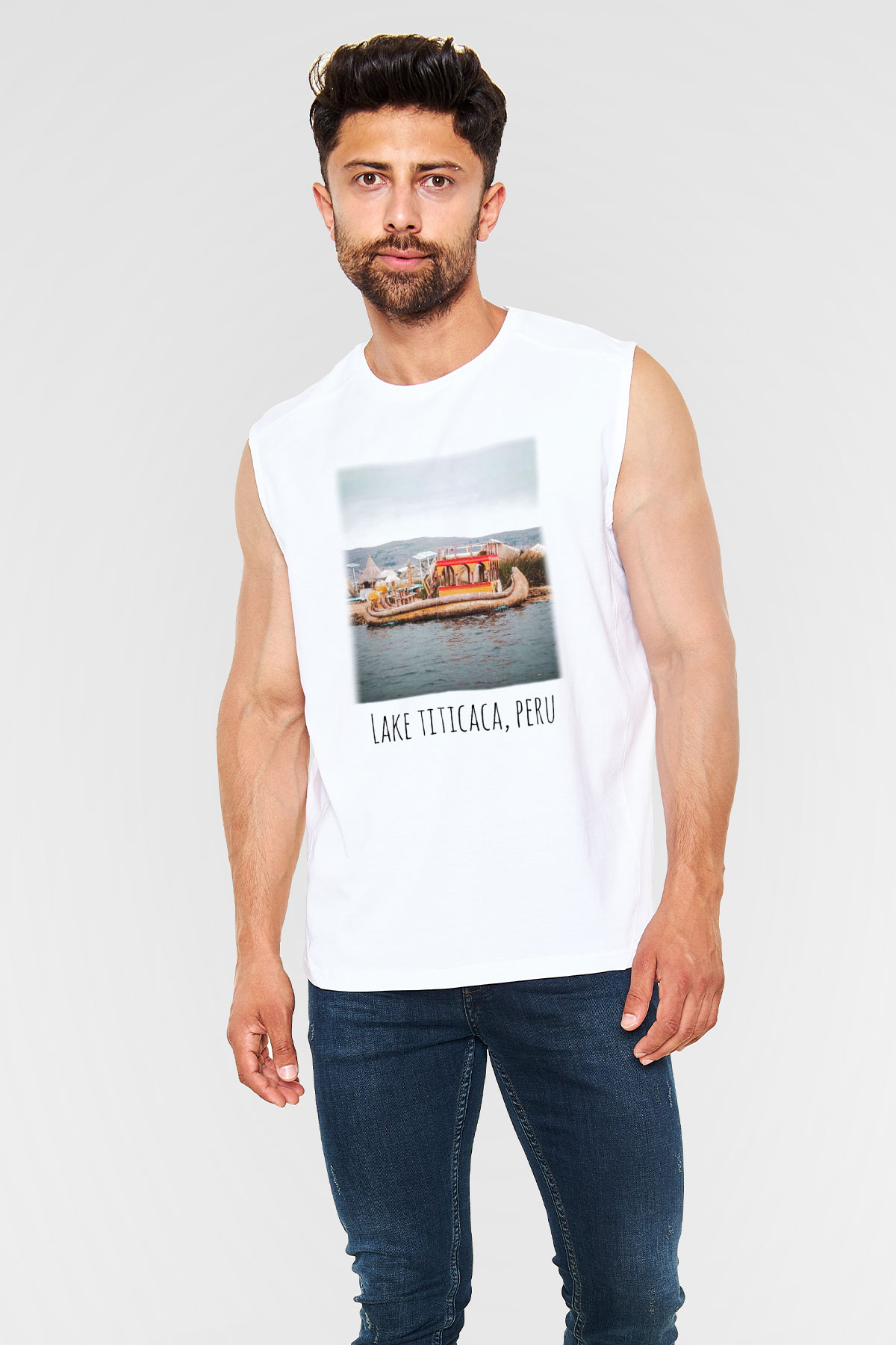 Titikaka Gölü Beyaz Unisex Kolsuz Tişört