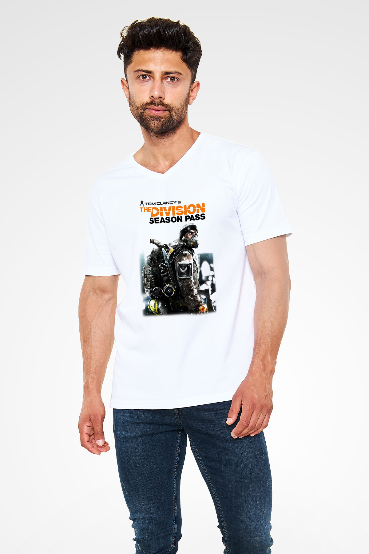 Tom Clancy Beyaz Unisex V Yaka Tişört T-Shirt