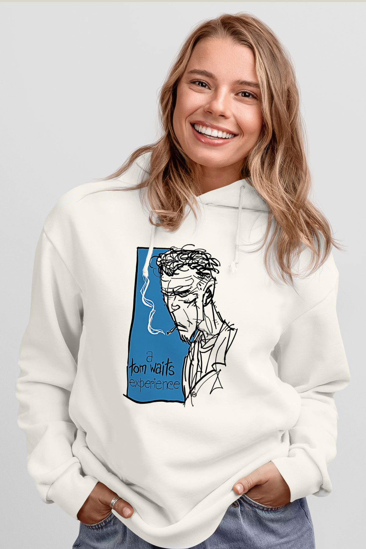 Tom Waits Baskılı Beyaz Unisex Kapüşonlu Sweatshirt