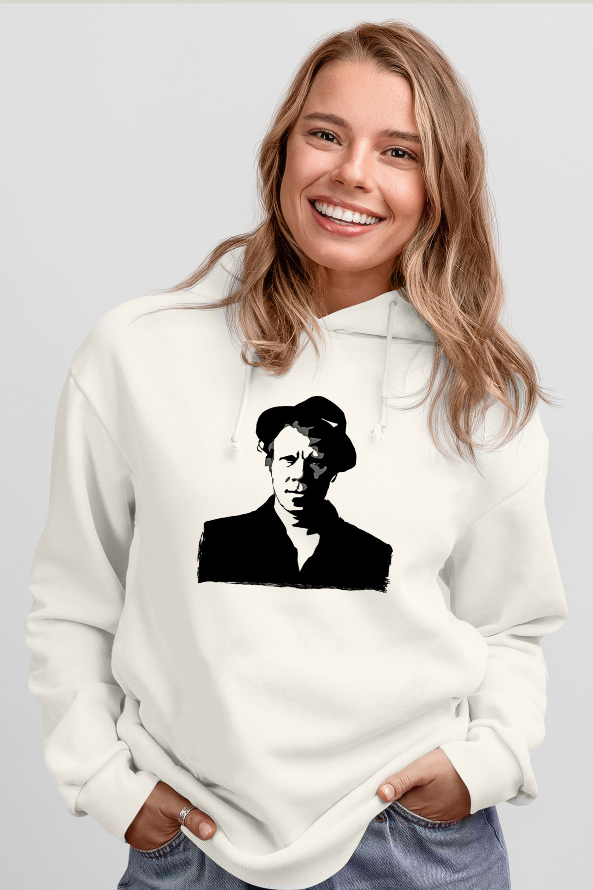 Tom Waits Baskılı Beyaz Unisex Kapüşonlu Sweatshirt