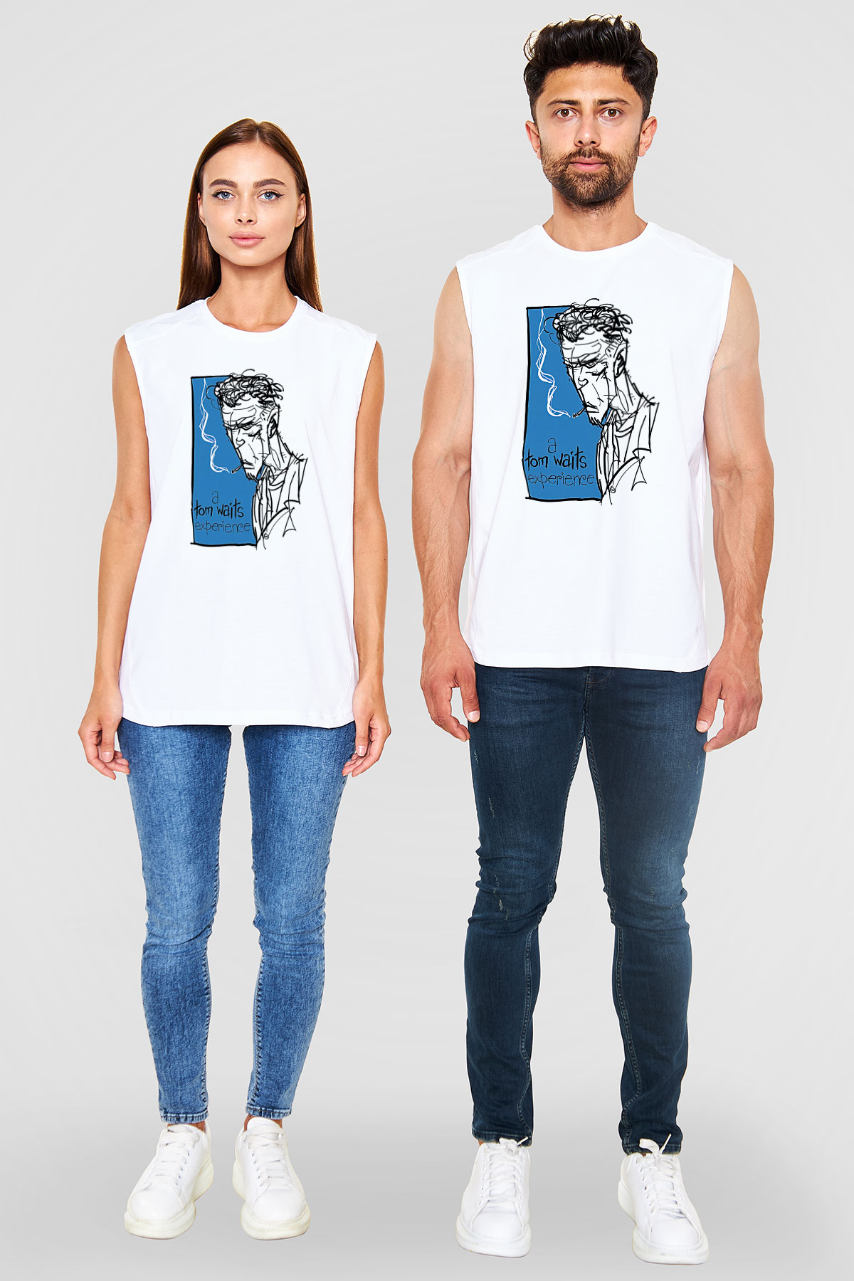 Tom Waits Baskılı Beyaz Unisex Kolsuz Tişört - Tshirt