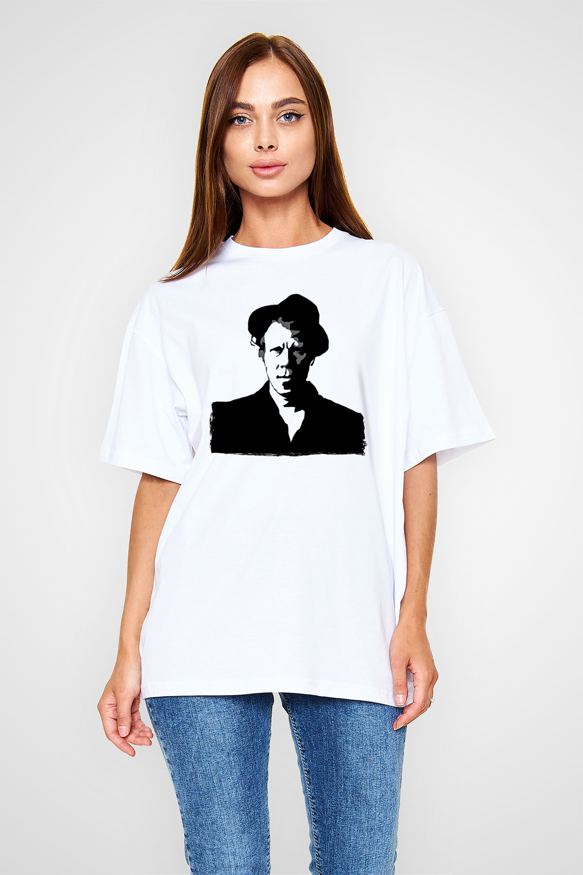 Tom Waits Baskılı Beyaz Unisex Oversize Tişört - Tshirt
