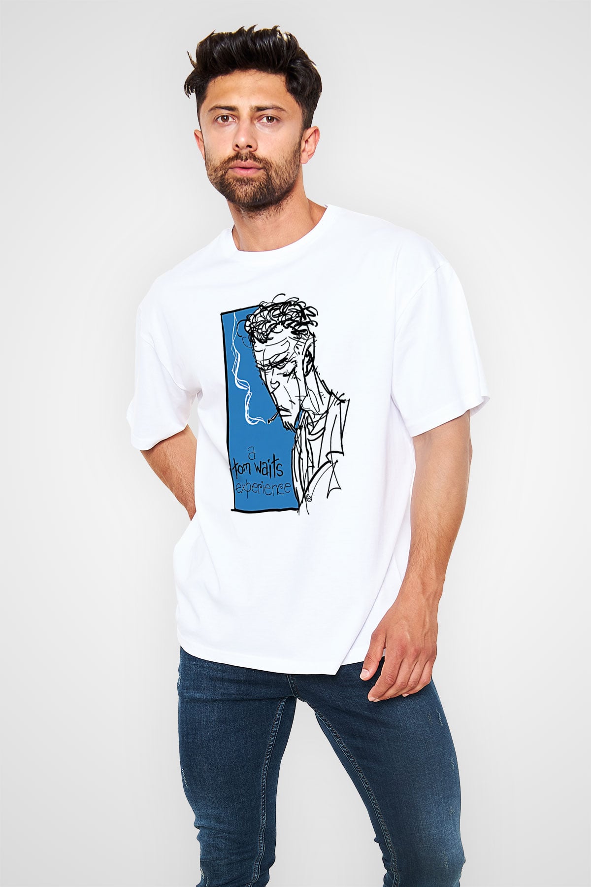 Tom Waits Baskılı Beyaz Unisex Oversize Tişört - Tshirt