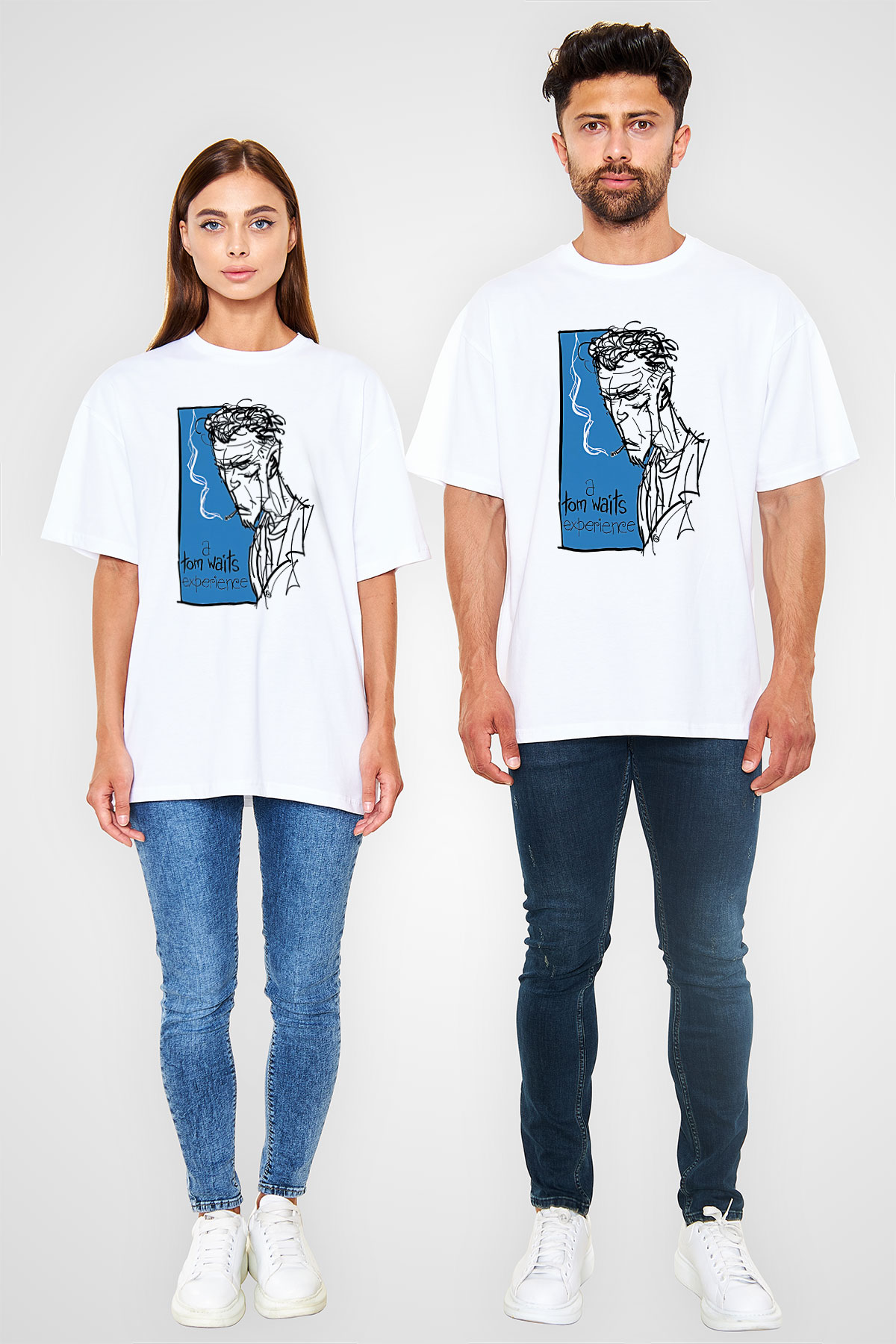 Tom Waits Baskılı Beyaz Unisex Oversize Tişört - Tshirt