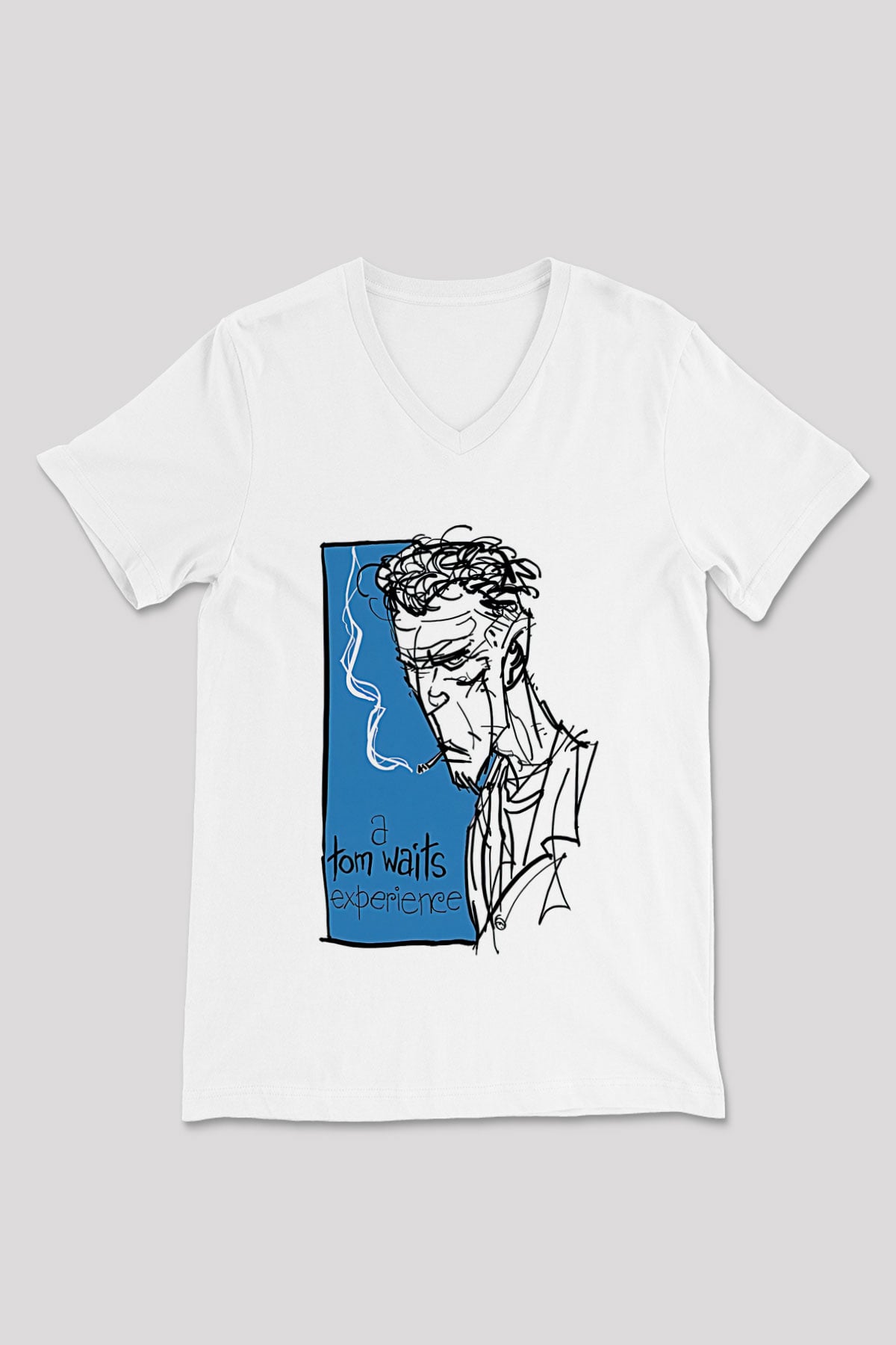 Tom Waits Baskılı Beyaz Unisex V Yaka Tişört - Tshirt