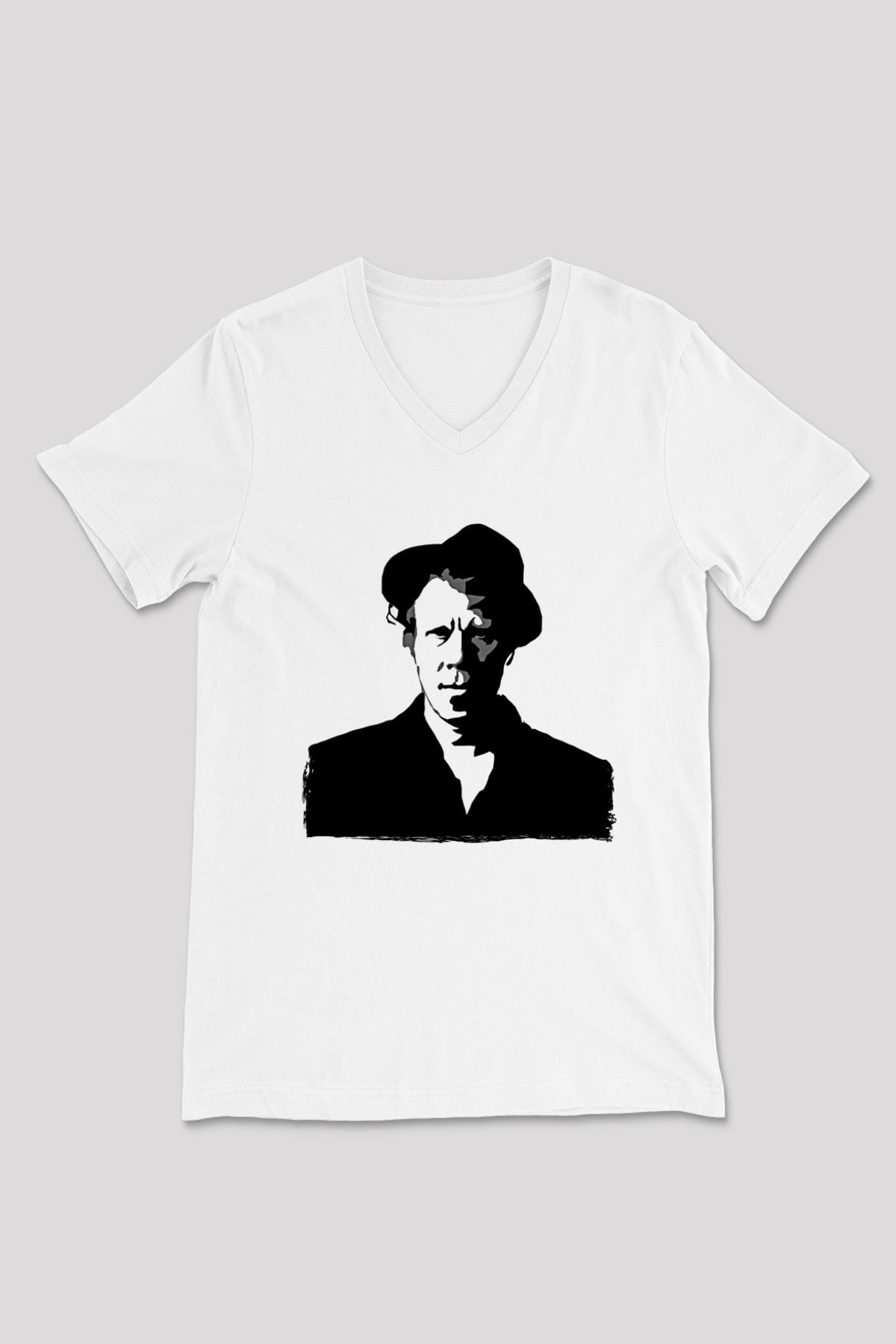 Tom Waits Baskılı Beyaz Unisex V Yaka Tişört - Tshirt