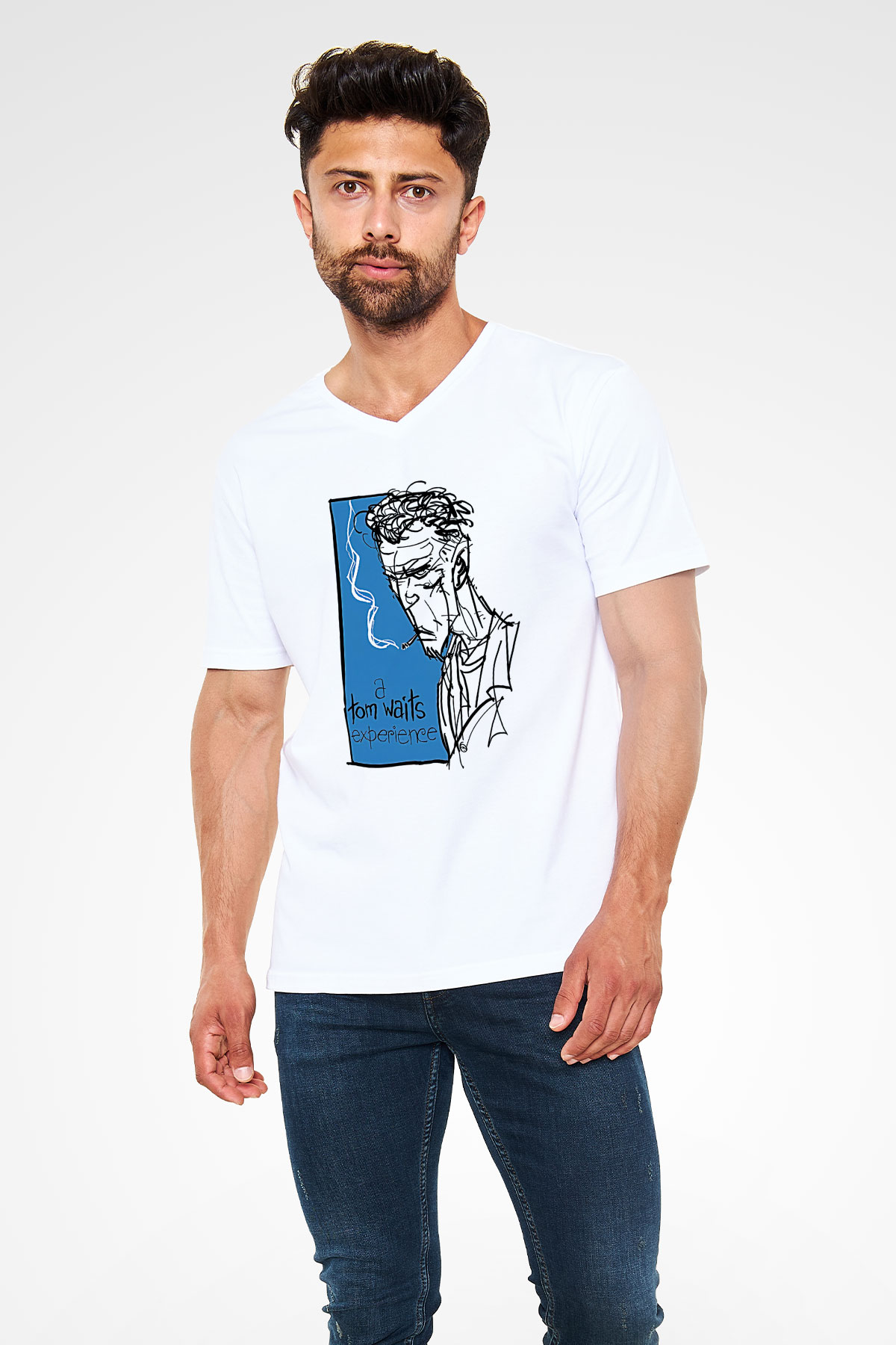 Tom Waits Baskılı Beyaz Unisex V Yaka Tişört - Tshirt