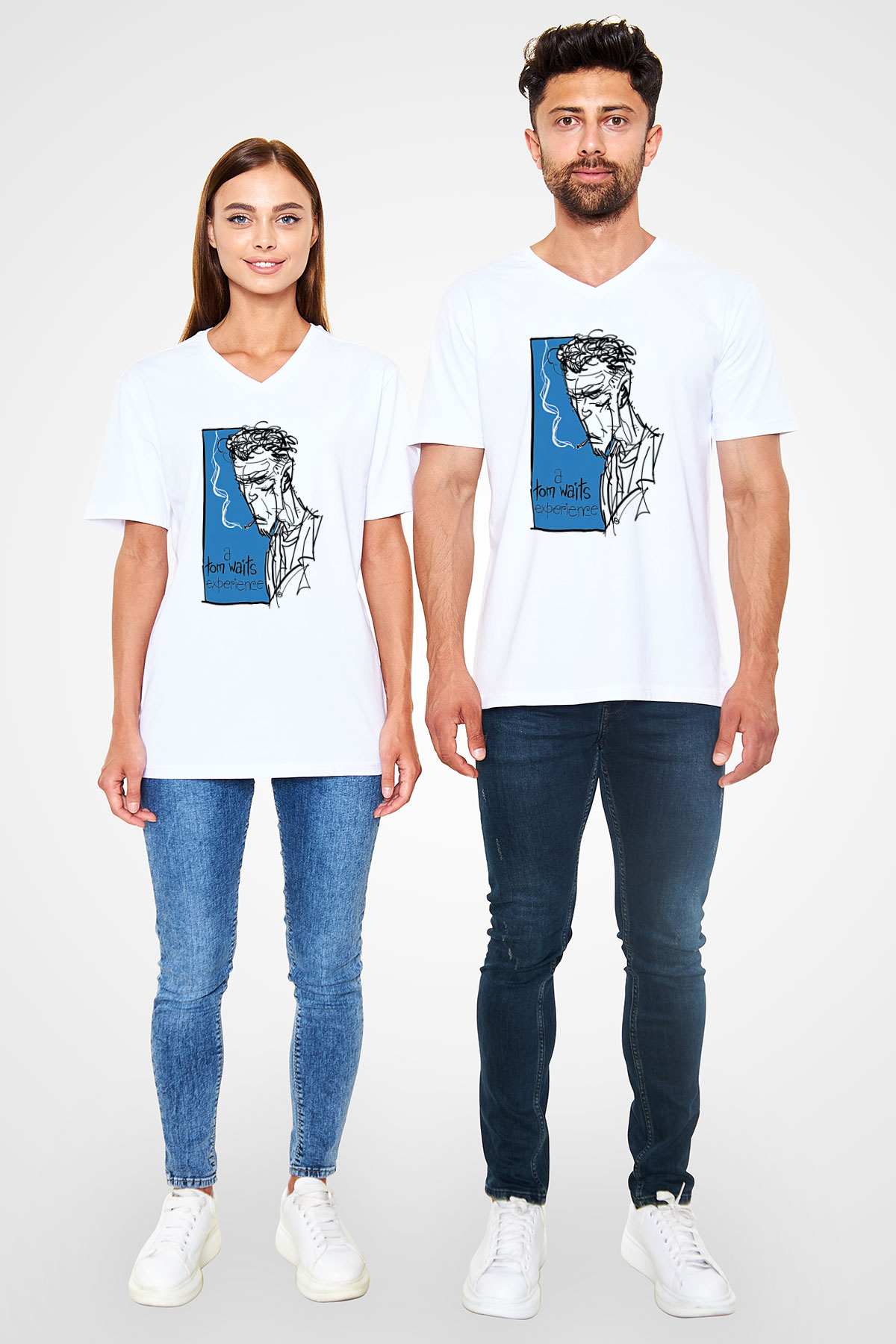 Tom Waits Baskılı Beyaz Unisex V Yaka Tişört - Tshirt
