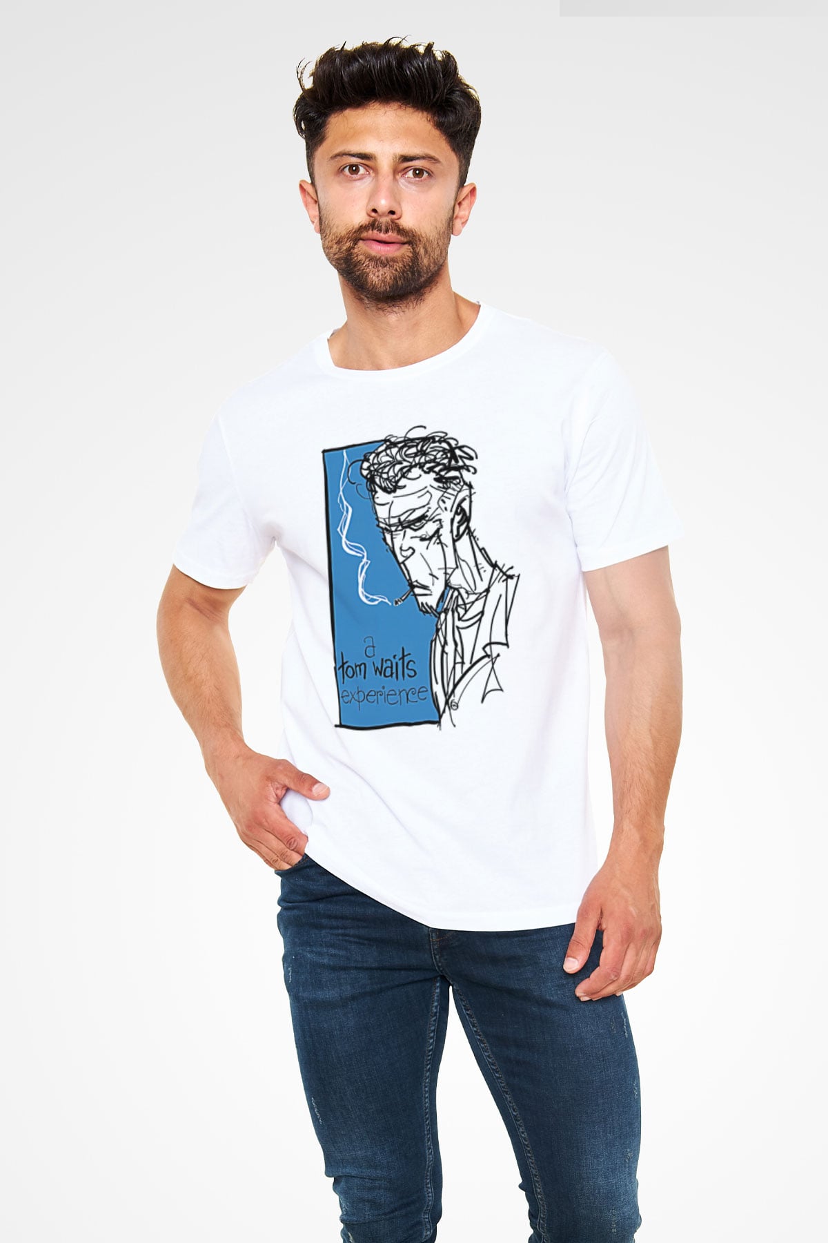 Tom Waits Baskılı Unisex Beyaz Tişört - Tshirt