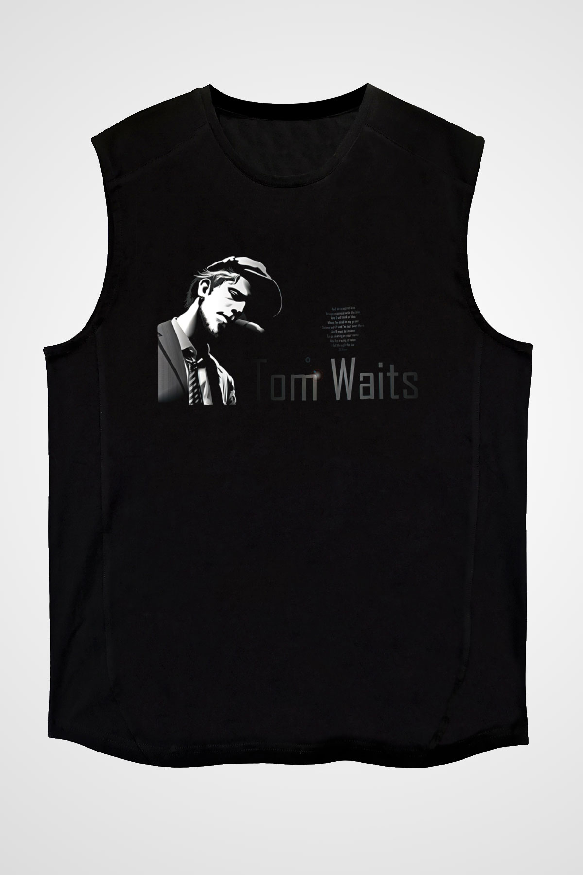 Tom Waits Baskılı Unisex Siyah Kolsuz Tişört - Tshirt