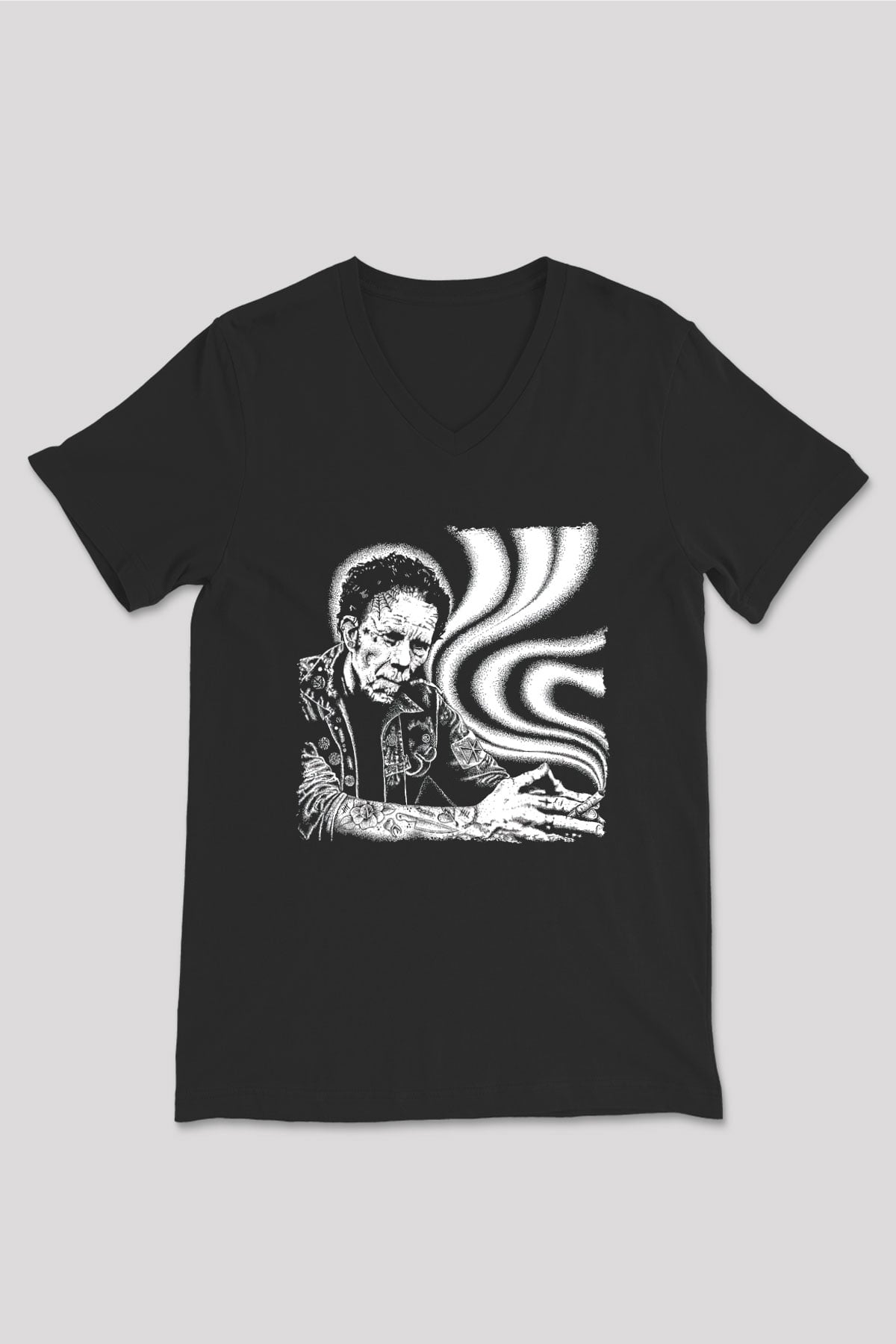 Tom Waits Baskılı Unisex Siyah V Yaka Tişört - Tshirt